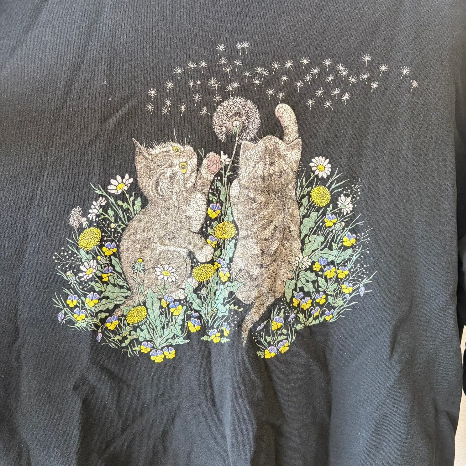 Vintage Jerzees Calico Harbor Kittens Dandelion Sweatshirt Black XL Made in USA - Thumbnail 2
