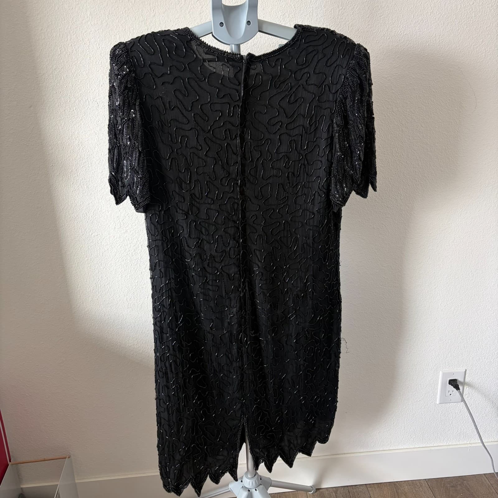 VTG Laurence Kazar Dress 1X Black Silk Beaded Sequin Short Sleeve Scallop Hem - Thumbnail 3