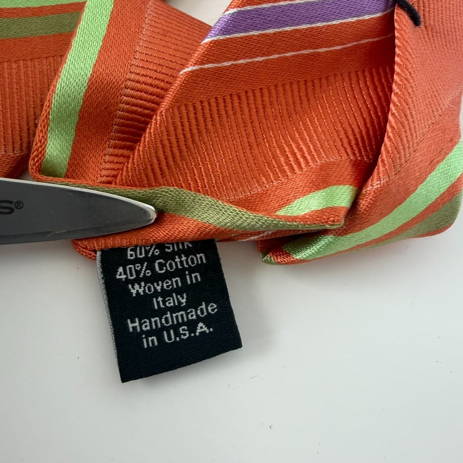 David Donahue Tie Orange Stripe Silk Cotton Handmade USA Italy Regimental Stripe - Thumbnail 2