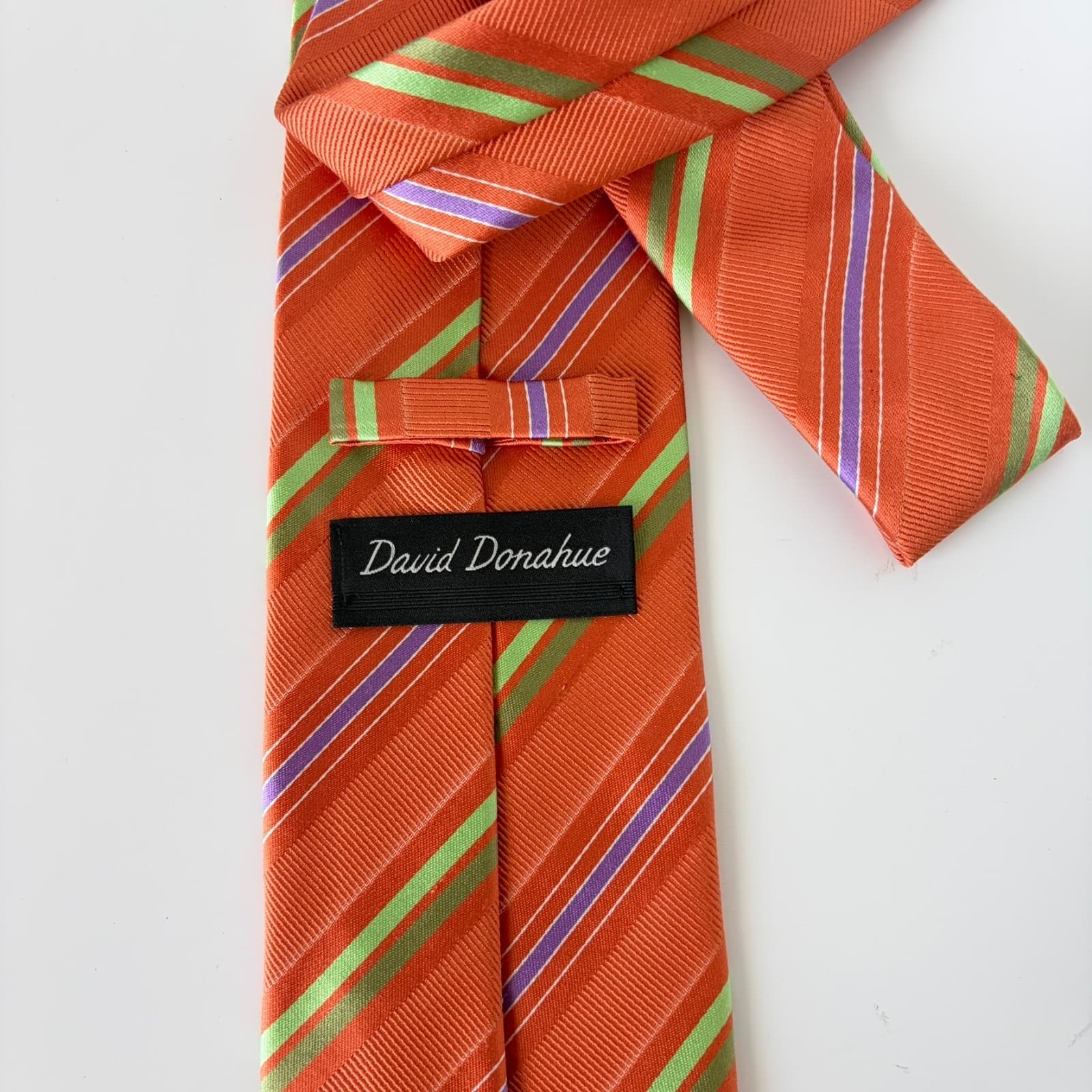David Donahue Tie Orange Stripe Silk Cotton Handmade USA Italy Regimental Stripe - Thumbnail 4