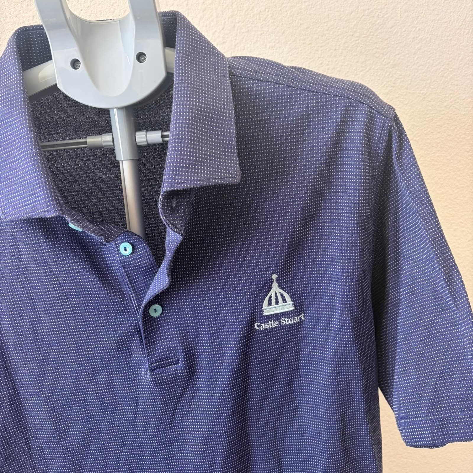 Peter Millar Mens XL Blue Micro Pattern Cotton Polo Shirt Castle Stuart Golf - Thumbnail 3