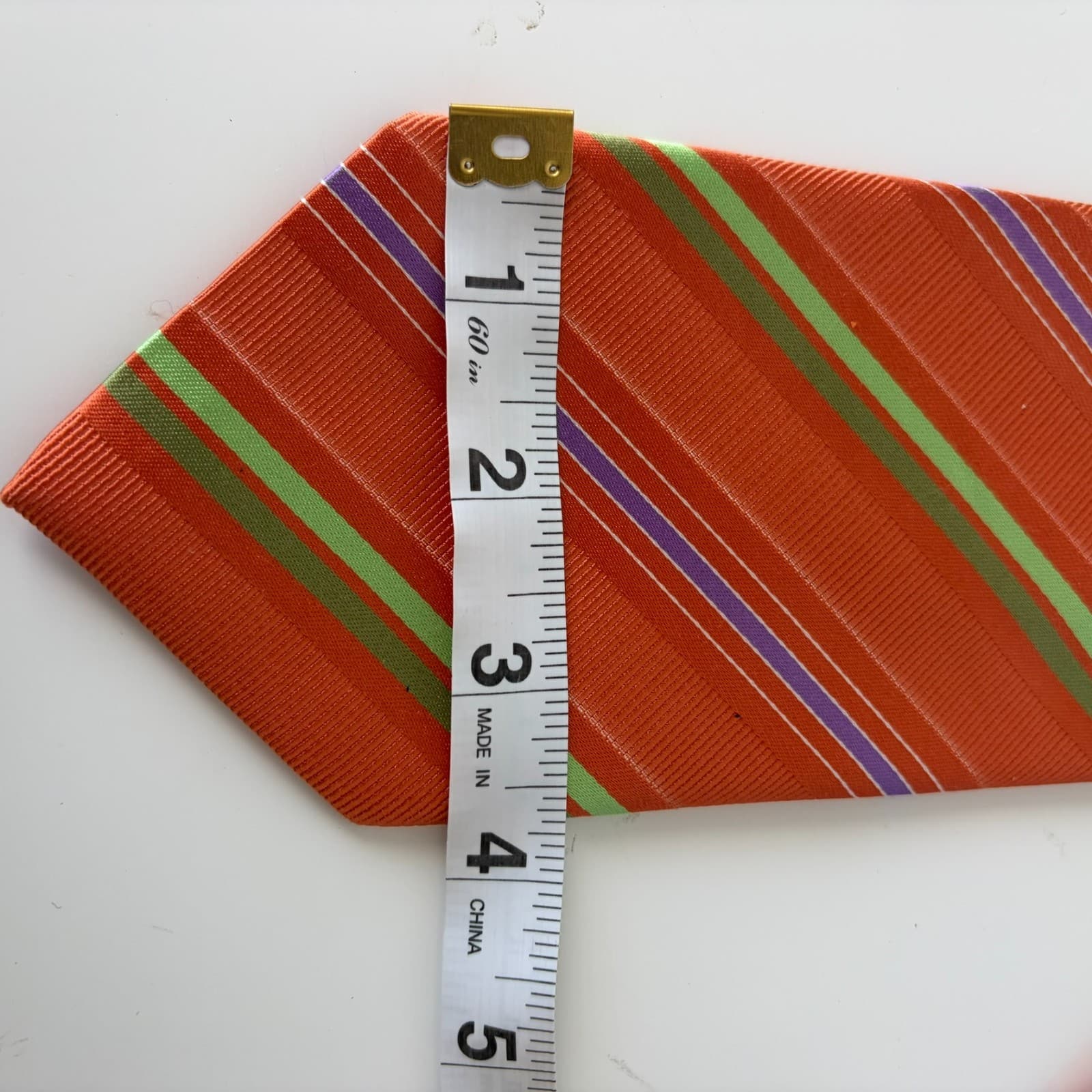 David Donahue Tie Orange Stripe Silk Cotton Handmade USA Italy Regimental Stripe - Thumbnail 3