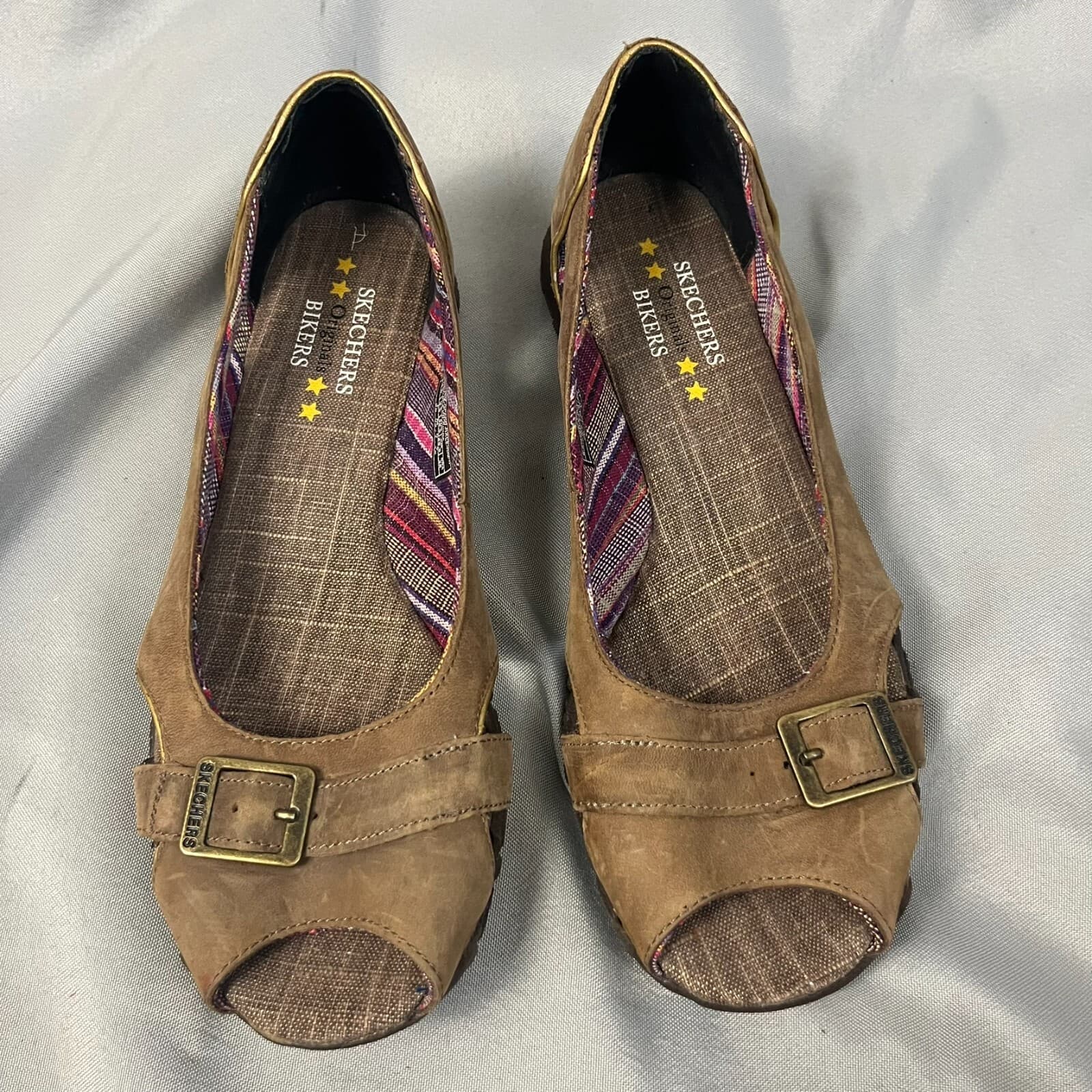 Skechers Leather Brown Original Bikers Buckle Peep Toe Slip On Shoes Womens 8.5 - Thumbnail 2