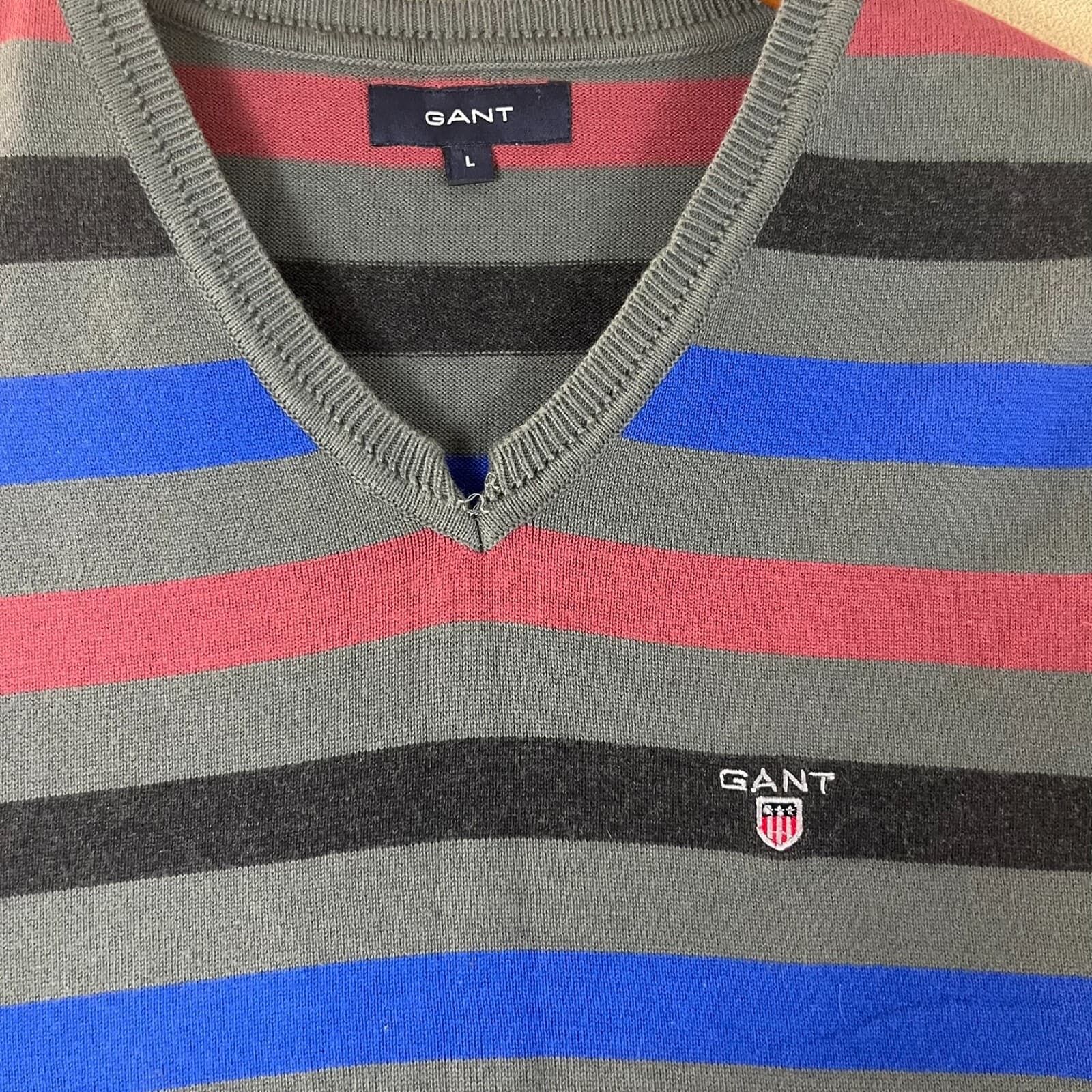 GANT Mens Sweater Vest Large Multicolor Stripped Knit VNeck Slipover Preppy Golf - Thumbnail 2