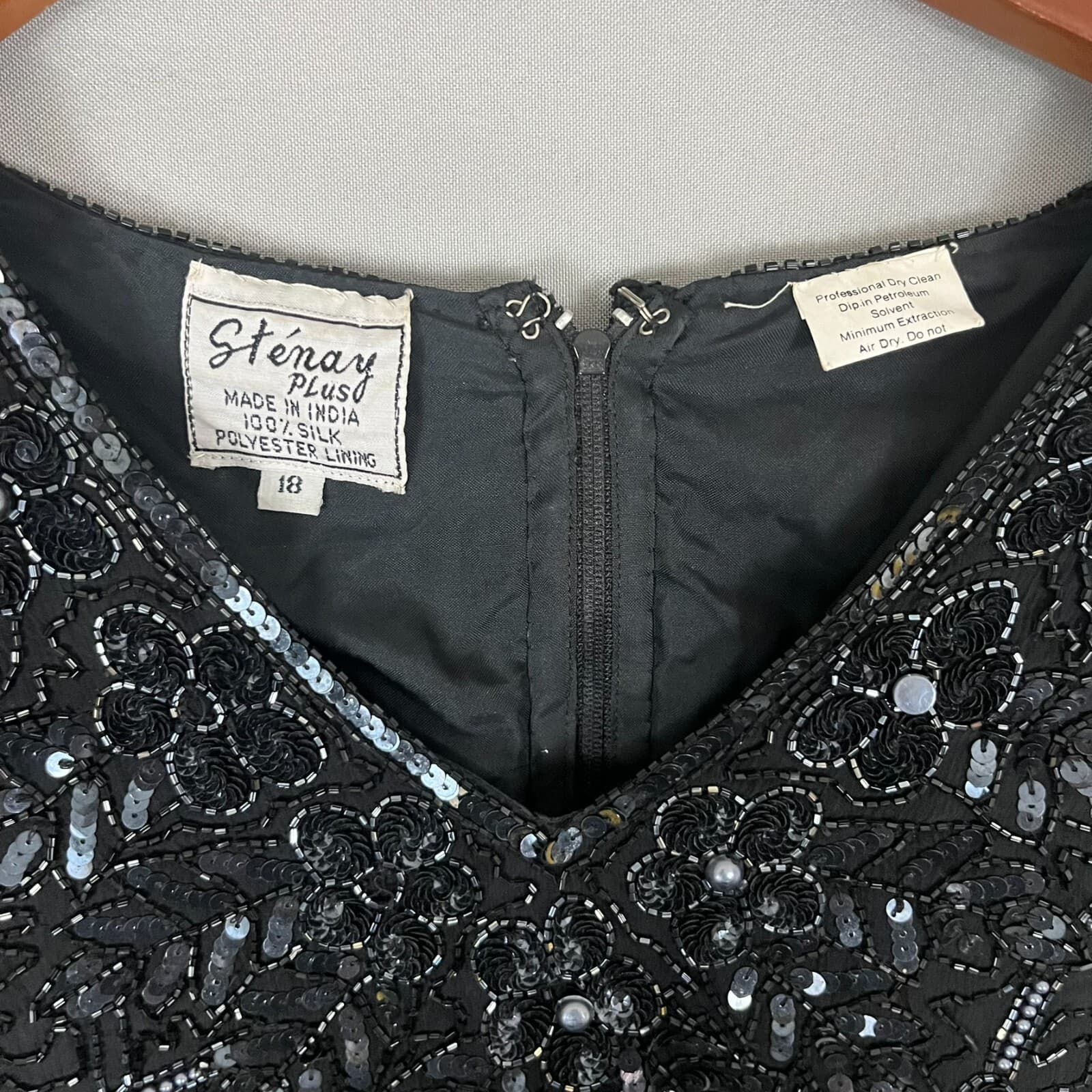 Vintage Sténay Blouse Top Women's 18 Black Floral Embellished Silk Scalloped Hem - Thumbnail 3