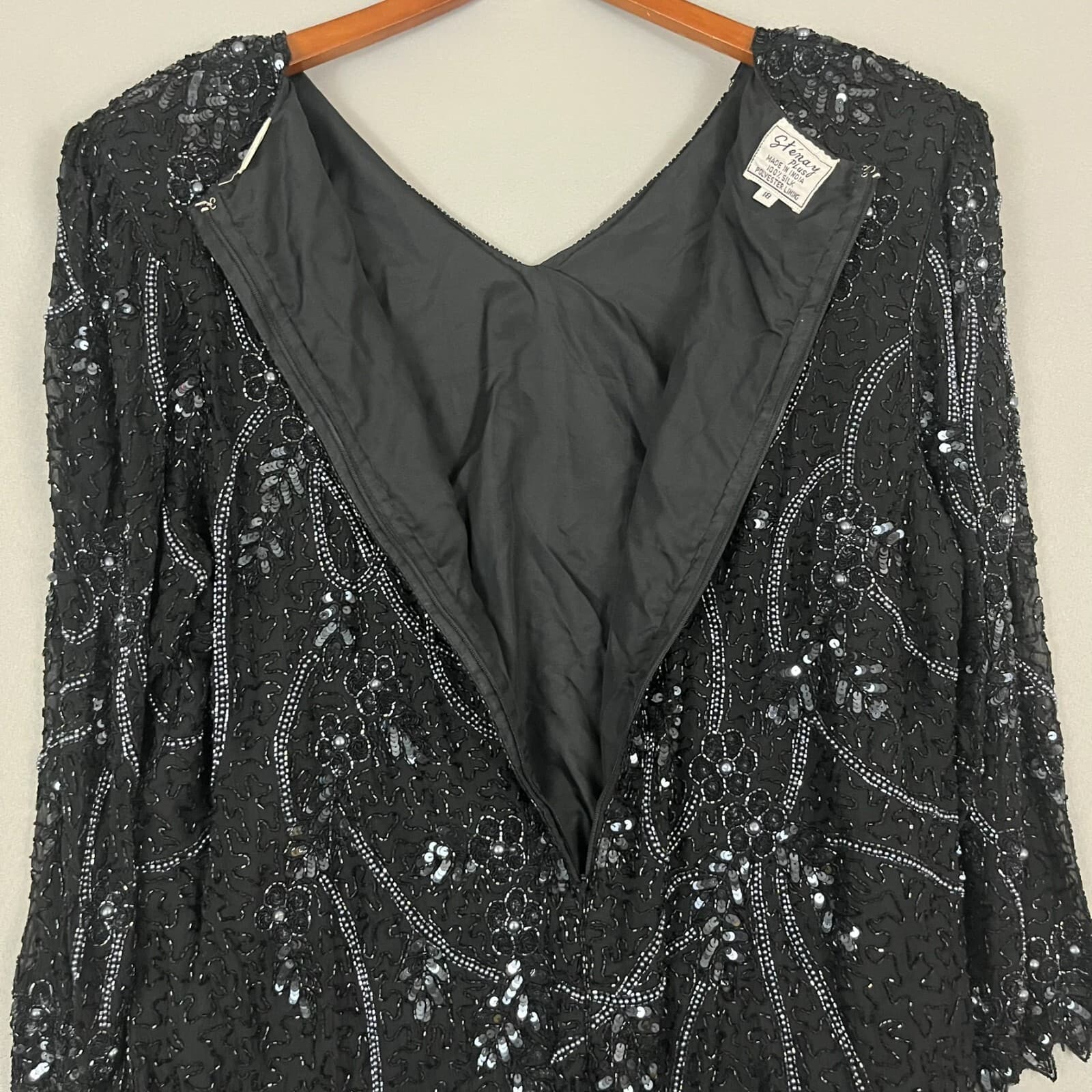 Vintage Sténay Blouse Top Women's 18 Black Floral Embellished Silk Scalloped Hem - Thumbnail 5