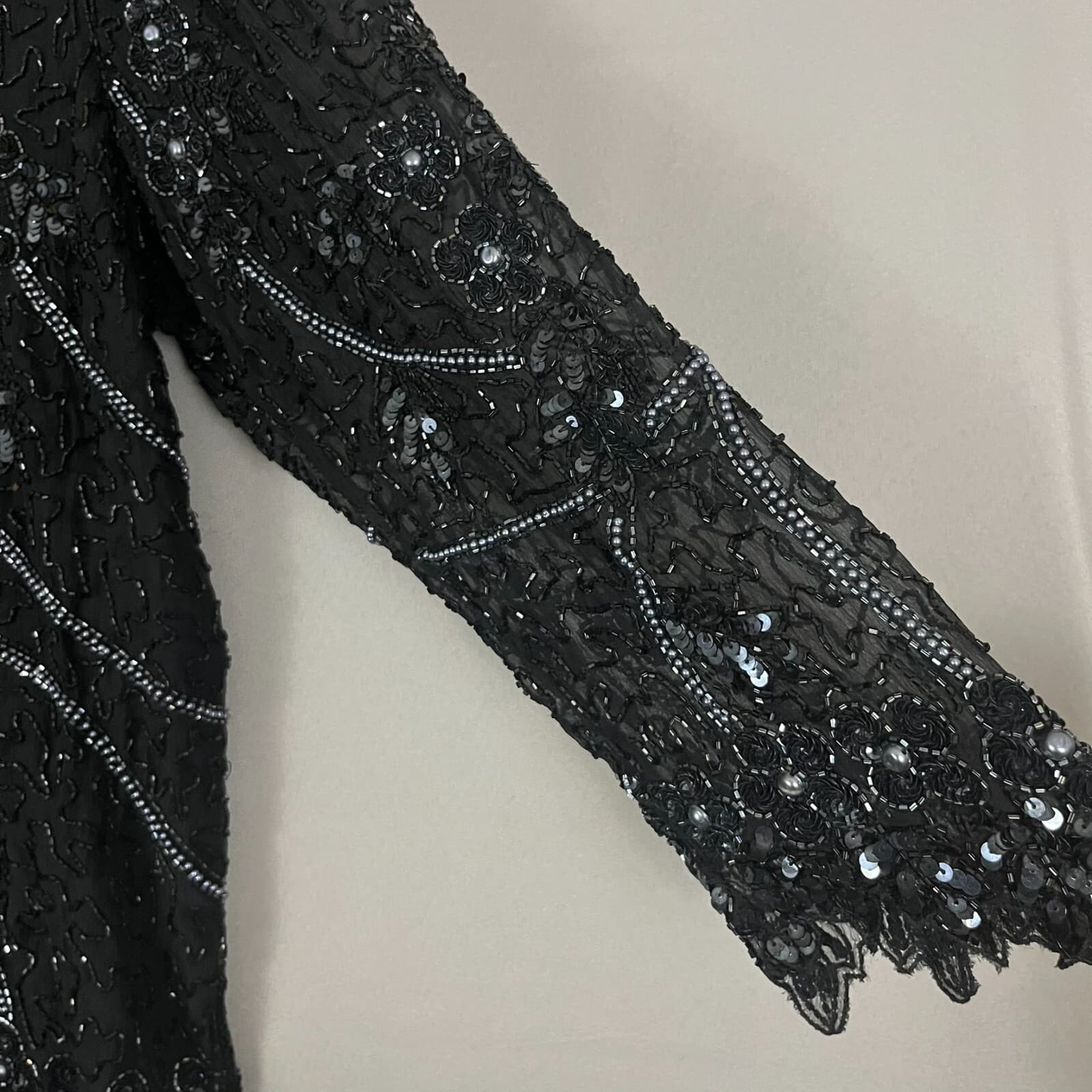 Vintage Sténay Blouse Top Women's 18 Black Floral Embellished Silk Scalloped Hem - Thumbnail 2