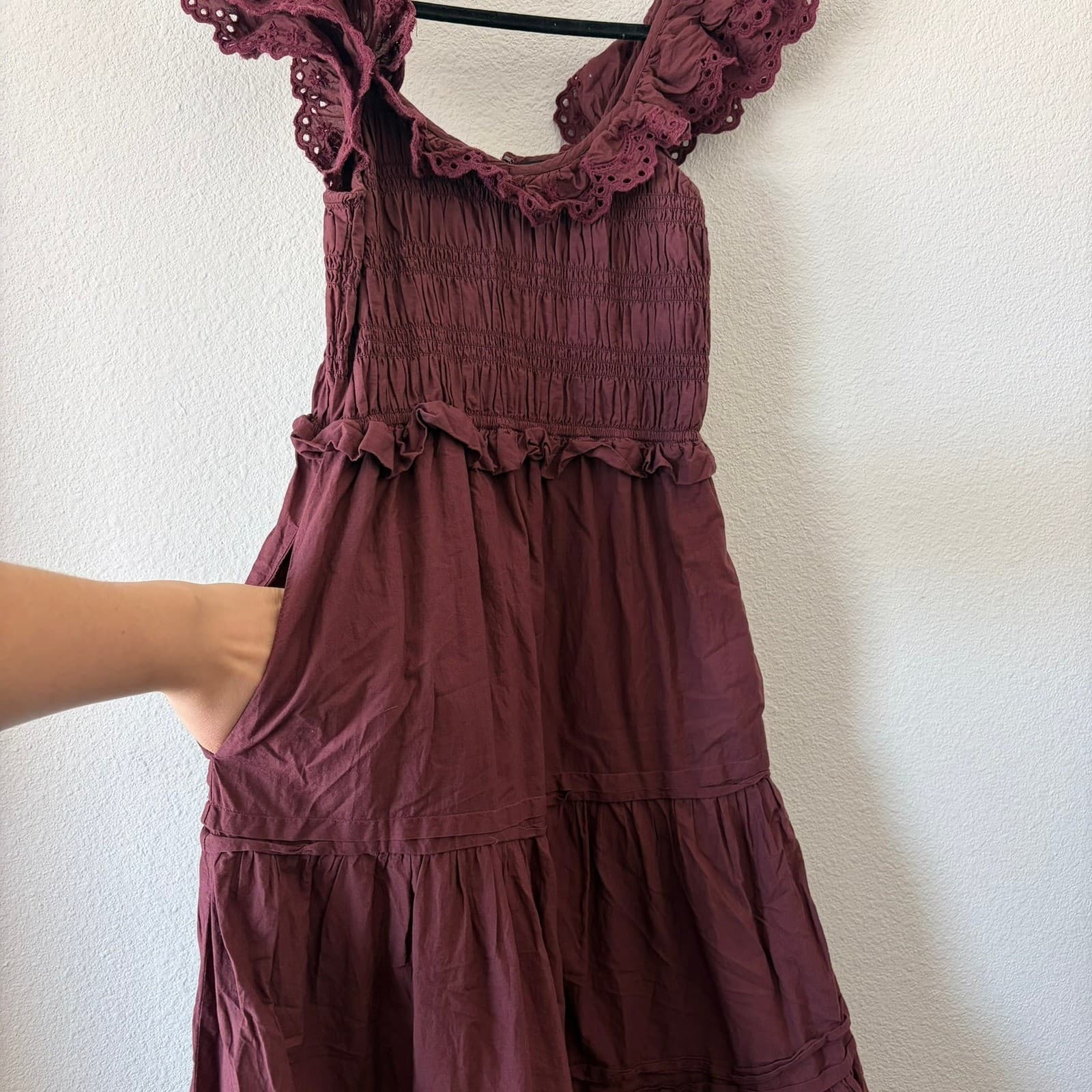 Madewell Midi Dress Women 00 Burgundy Eyelet Smocked Tiered Pockets Cottagecore - Thumbnail 4