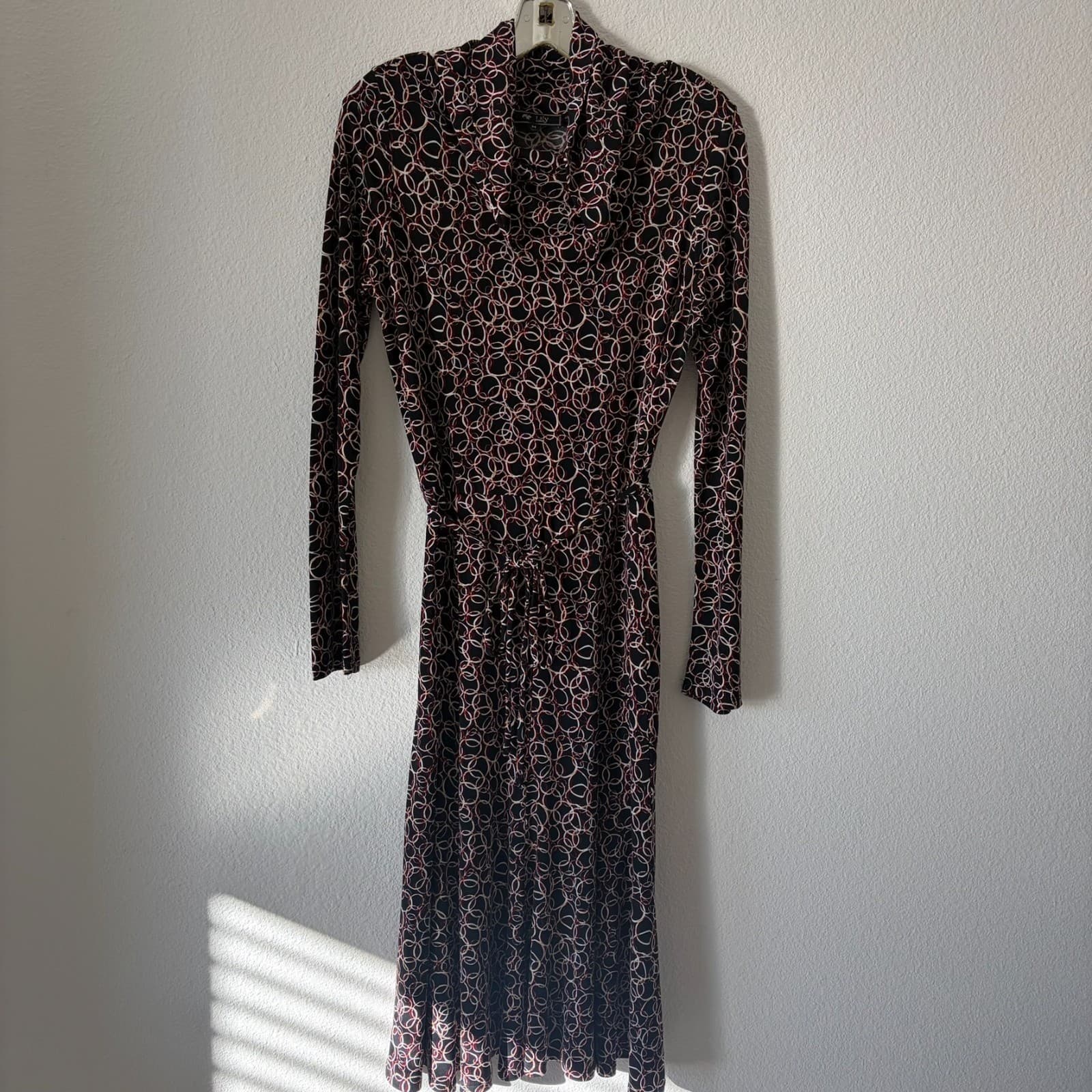 Vtg Lily Dress M Black Circle Print Cowl Neck Belted Stretch 90s Y2K Retro Gaudy - Thumbnail 2