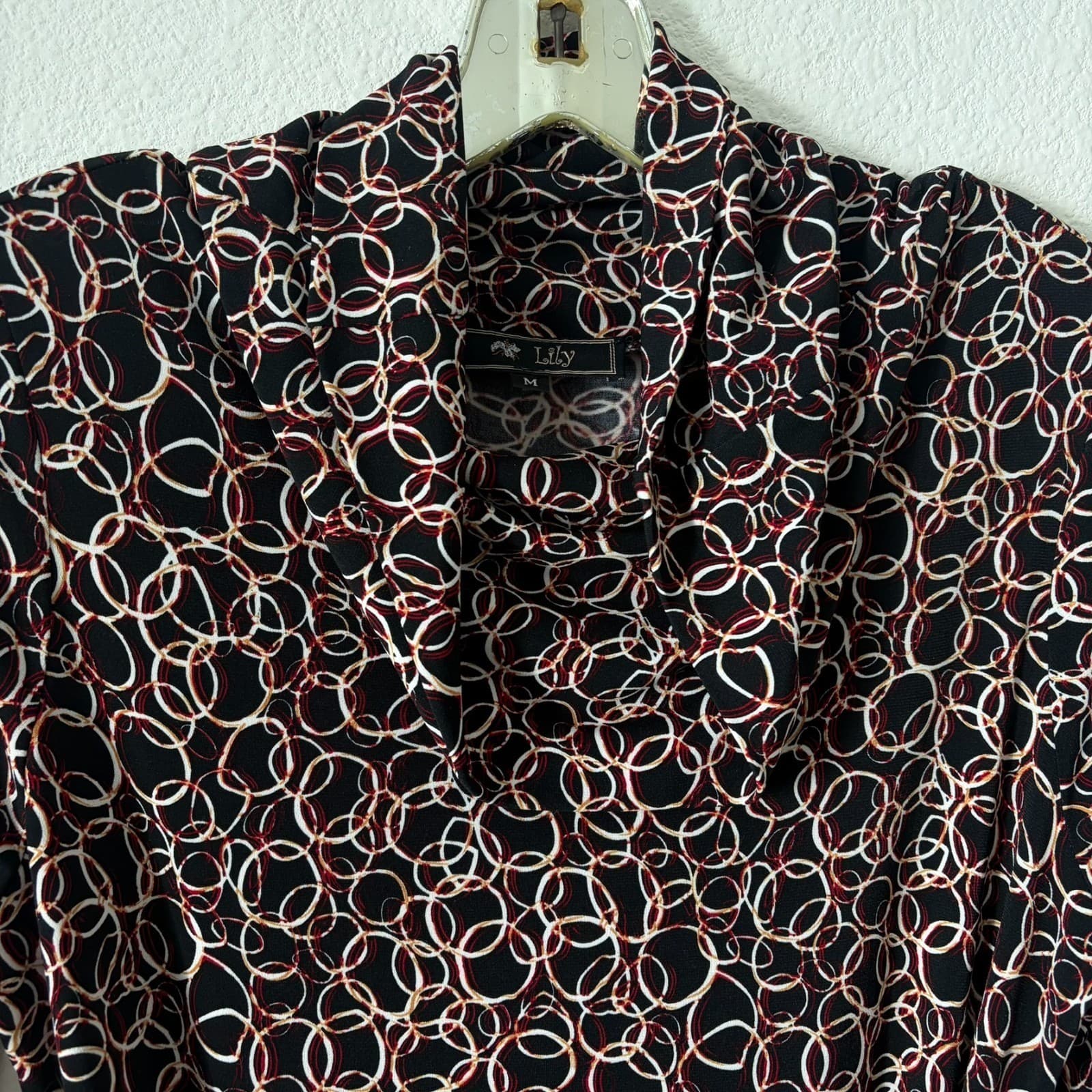 Vtg Lily Dress M Black Circle Print Cowl Neck Belted Stretch 90s Y2K Retro Gaudy - Thumbnail 3