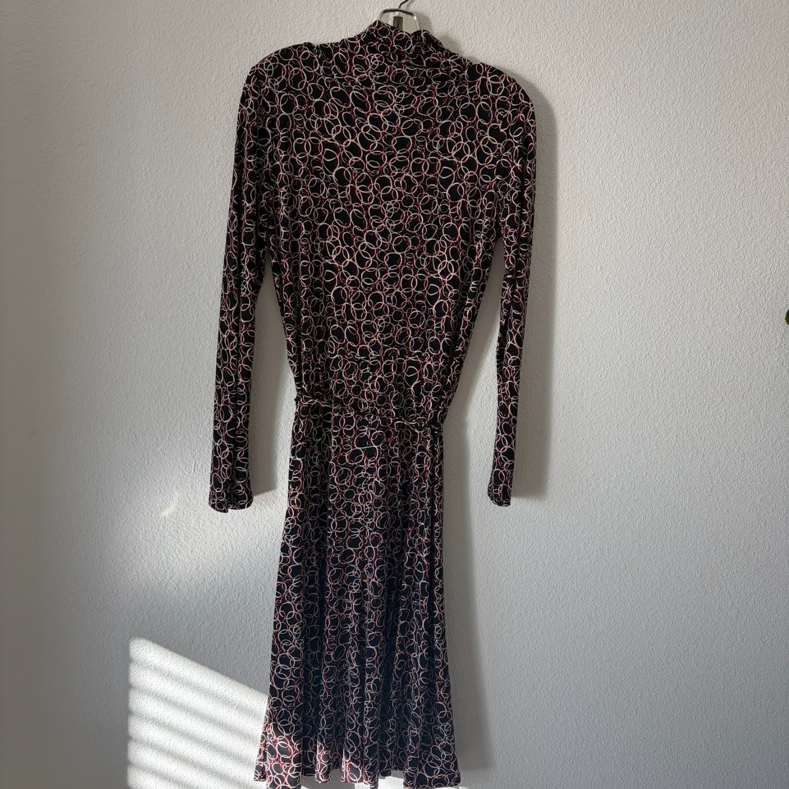 Vtg Lily Dress M Black Circle Print Cowl Neck Belted Stretch 90s Y2K Retro Gaudy - Thumbnail 5
