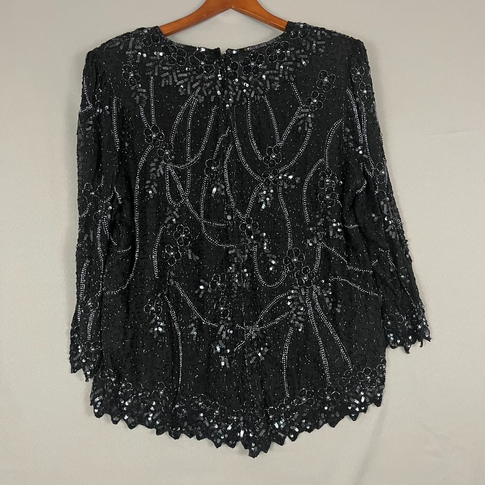 Vintage Sténay Blouse Top Women's 18 Black Floral Embellished Silk Scalloped Hem - Thumbnail 4