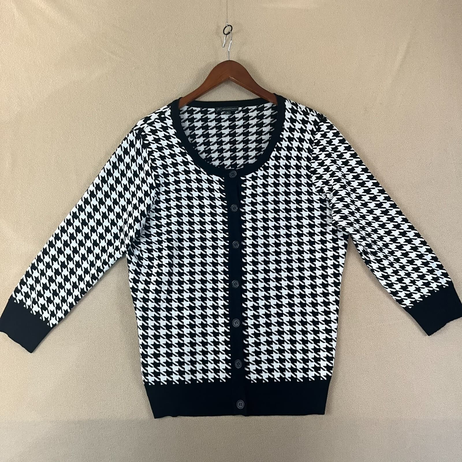 Adrianna Papell Women's Cardigan MED Black White Houndstooth Sweater ASO Style - Thumbnail 2