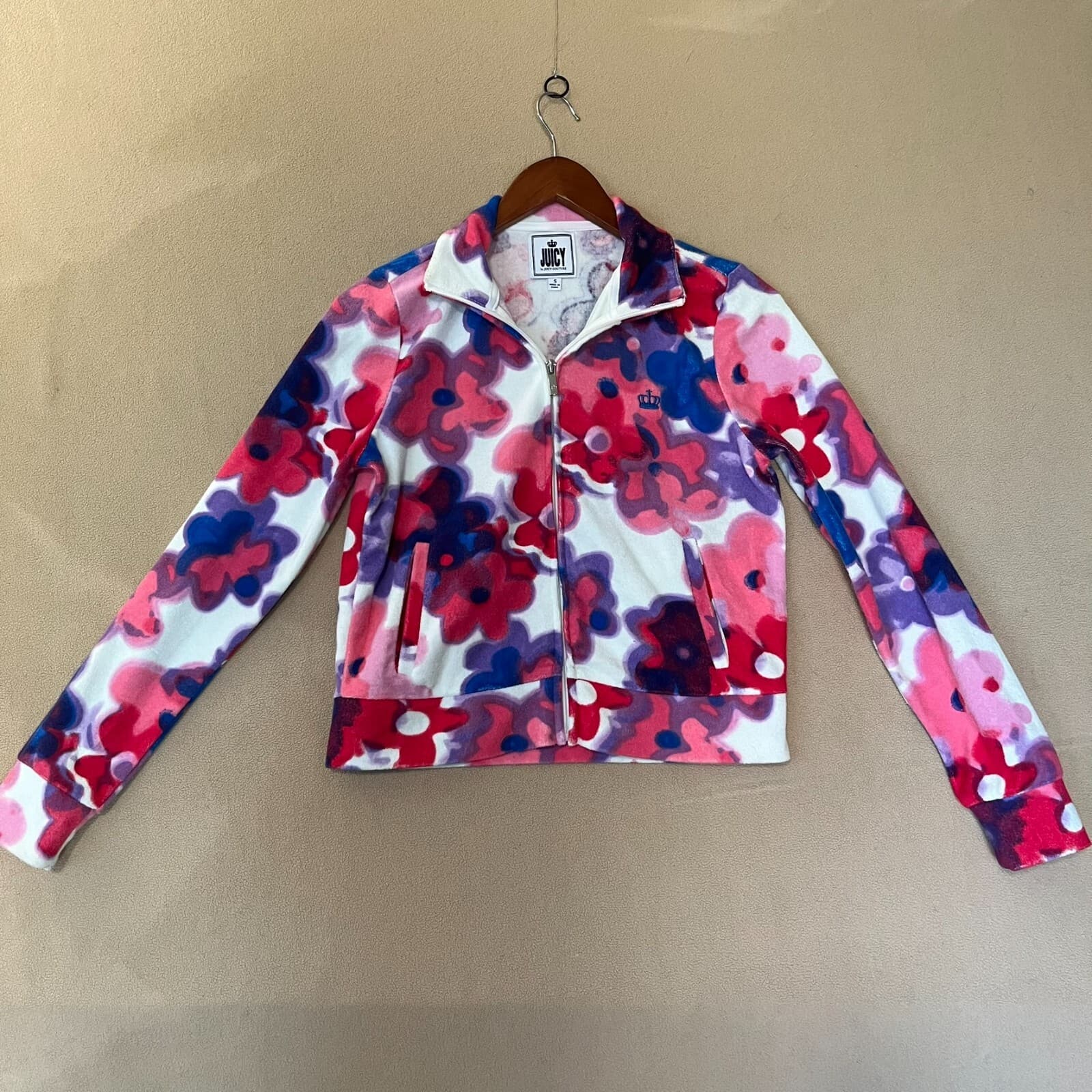Juicy Couture Women Terry Jacket Small Pink Flower Power Mock Neck Zip Running - Thumbnail 2