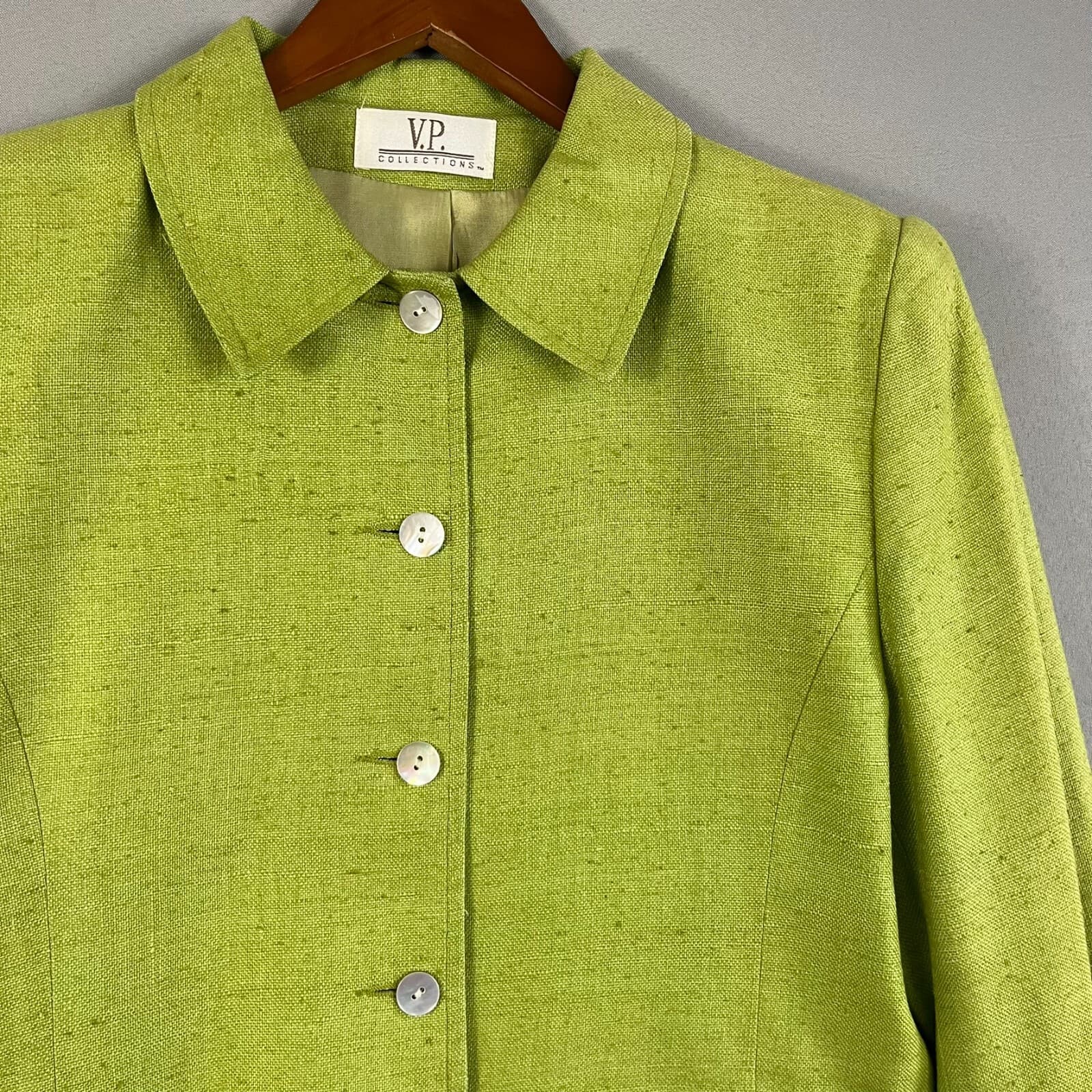Vintage V.P. Collections Blazer Jacket Women's S Brat Green Silk Jackie O Retro - Thumbnail 4