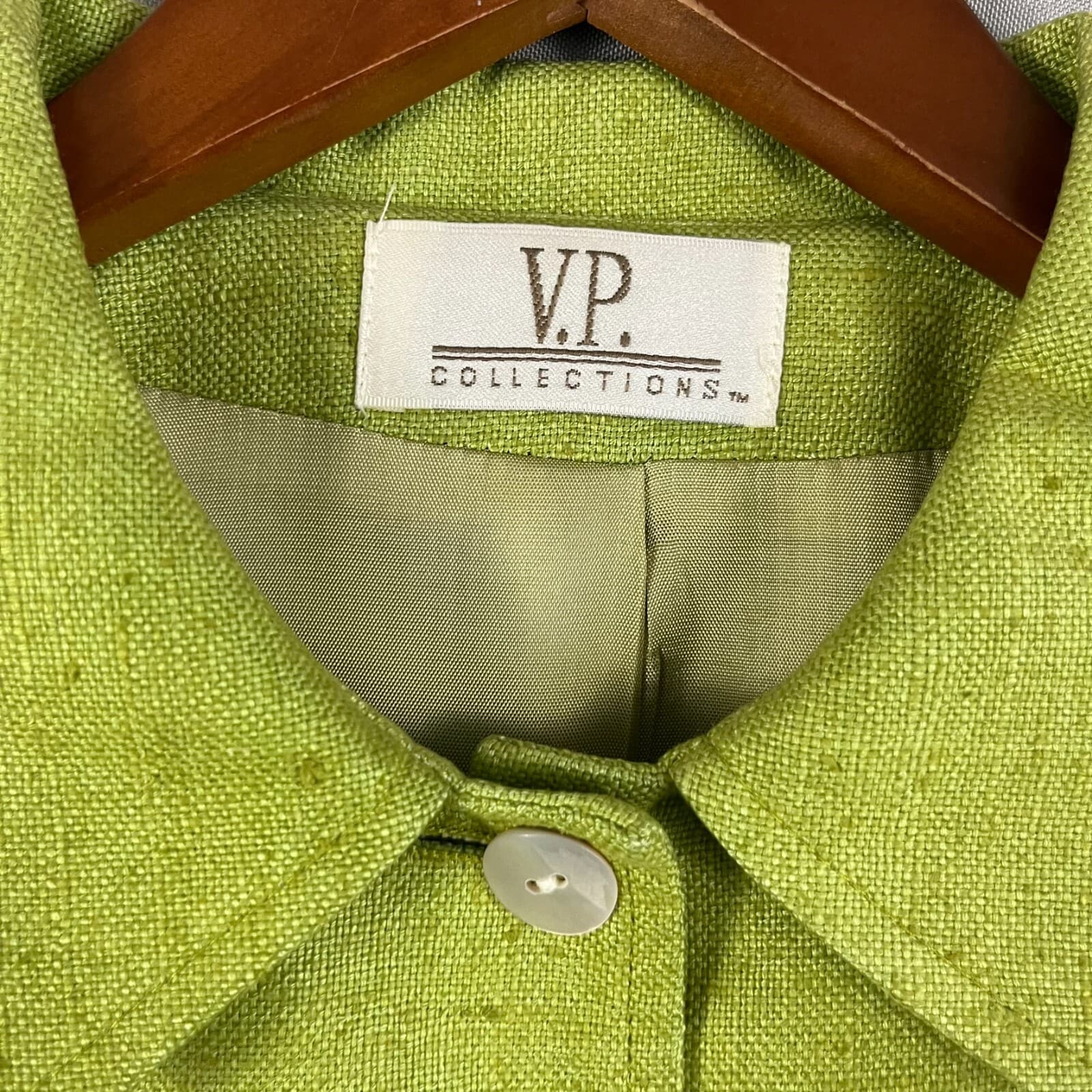 Vintage V.P. Collections Blazer Jacket Women's S Brat Green Silk Jackie O Retro - Thumbnail 2