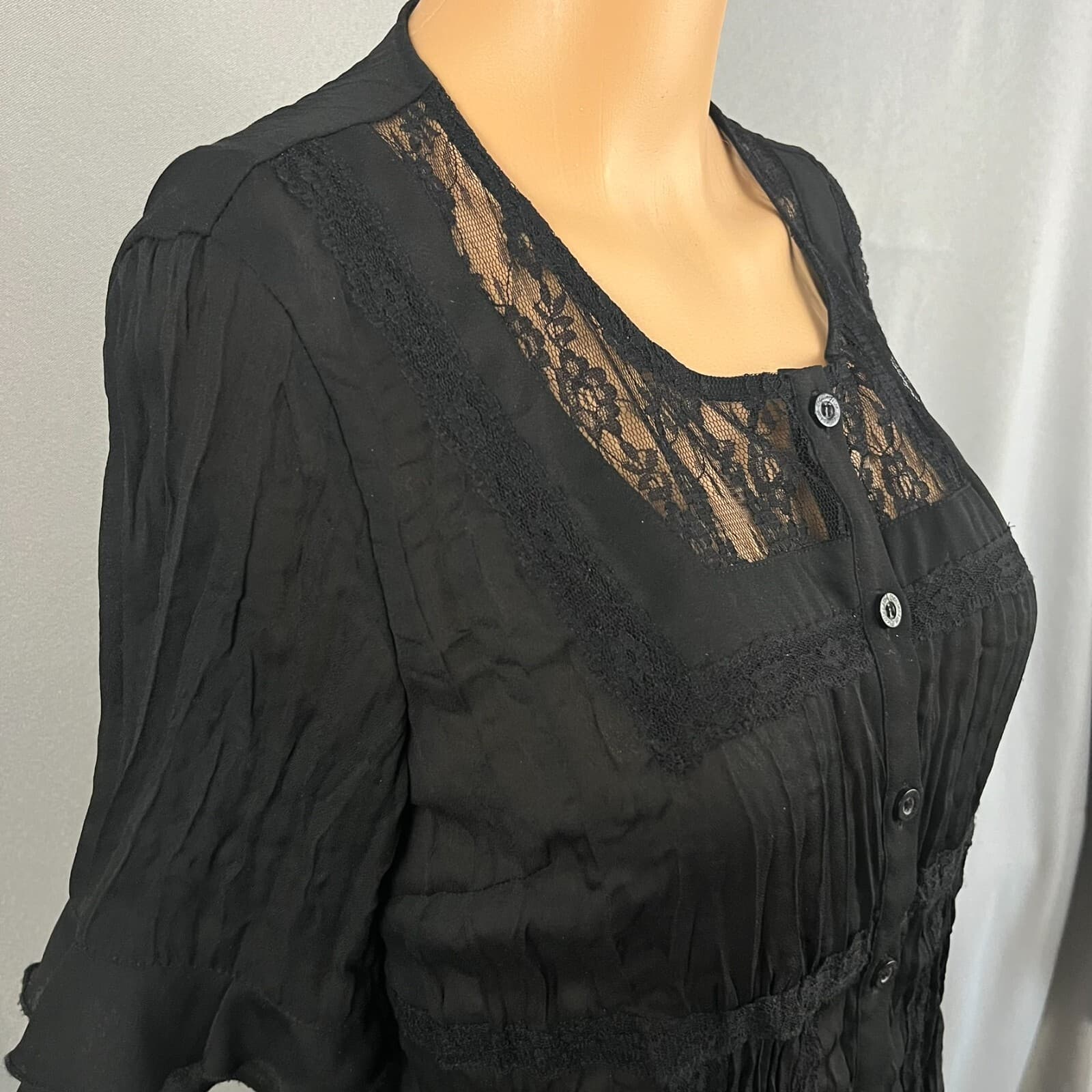NY Collection Blouse Top Womens Small Petite Black Floral Lace Detail Whimsigoth - Thumbnail 7