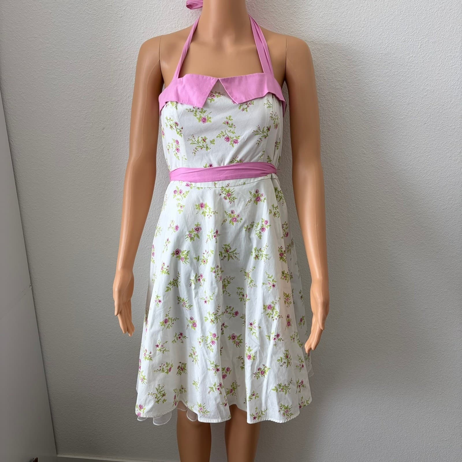 Vintage Y2K City Triangles Floral Halter Dress Womens 7 Rockabilly 50s HOCO - Thumbnail 2