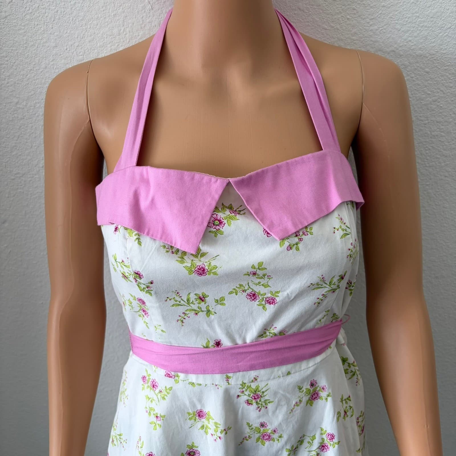 Vintage Y2K City Triangles Floral Halter Dress Womens 7 Rockabilly 50s HOCO - Thumbnail 3