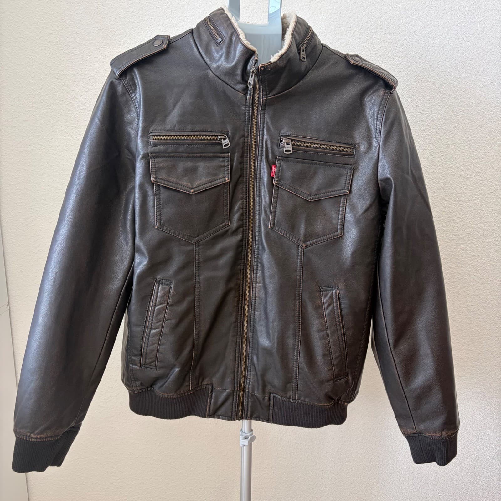 Levi's Faux Leather Bomber Jacket Men Size M Brown Sherpa Lined Moto LM8RU476 - Thumbnail 2