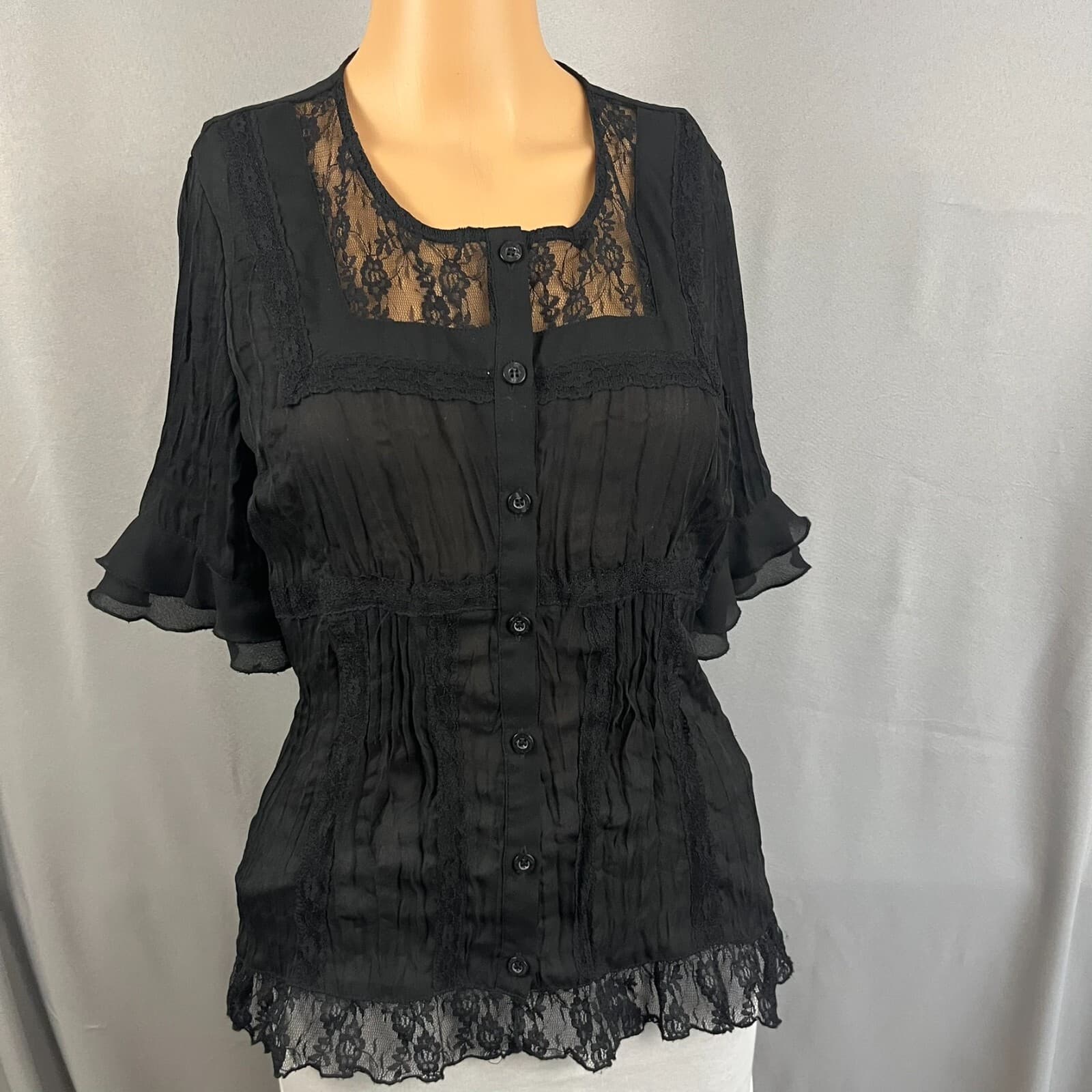 NY Collection Blouse Top Womens Small Petite Black Floral Lace Detail Whimsigoth - Thumbnail 5