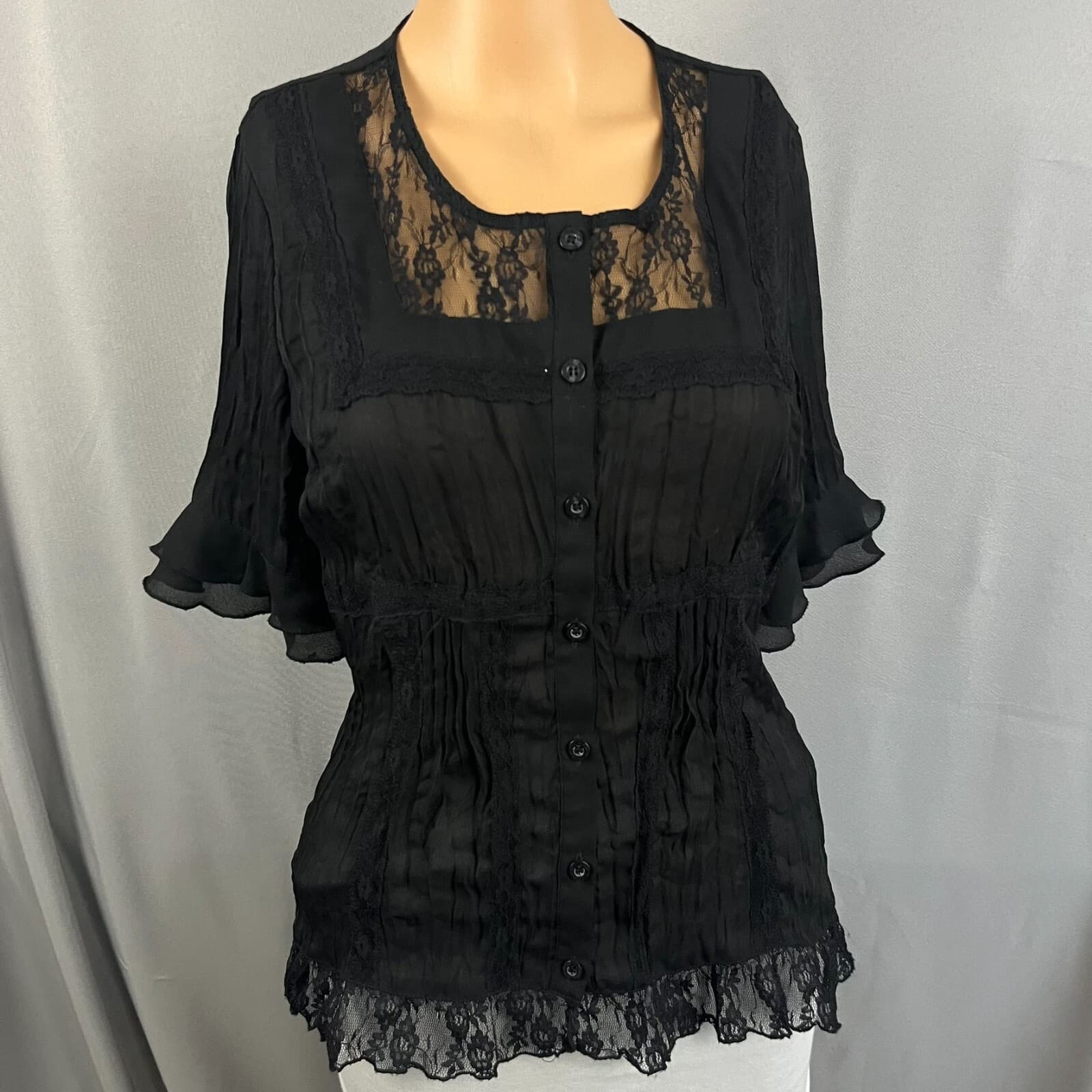 NY Collection Blouse Top Womens Small Petite Black Floral Lace Detail Whimsigoth - Thumbnail 6