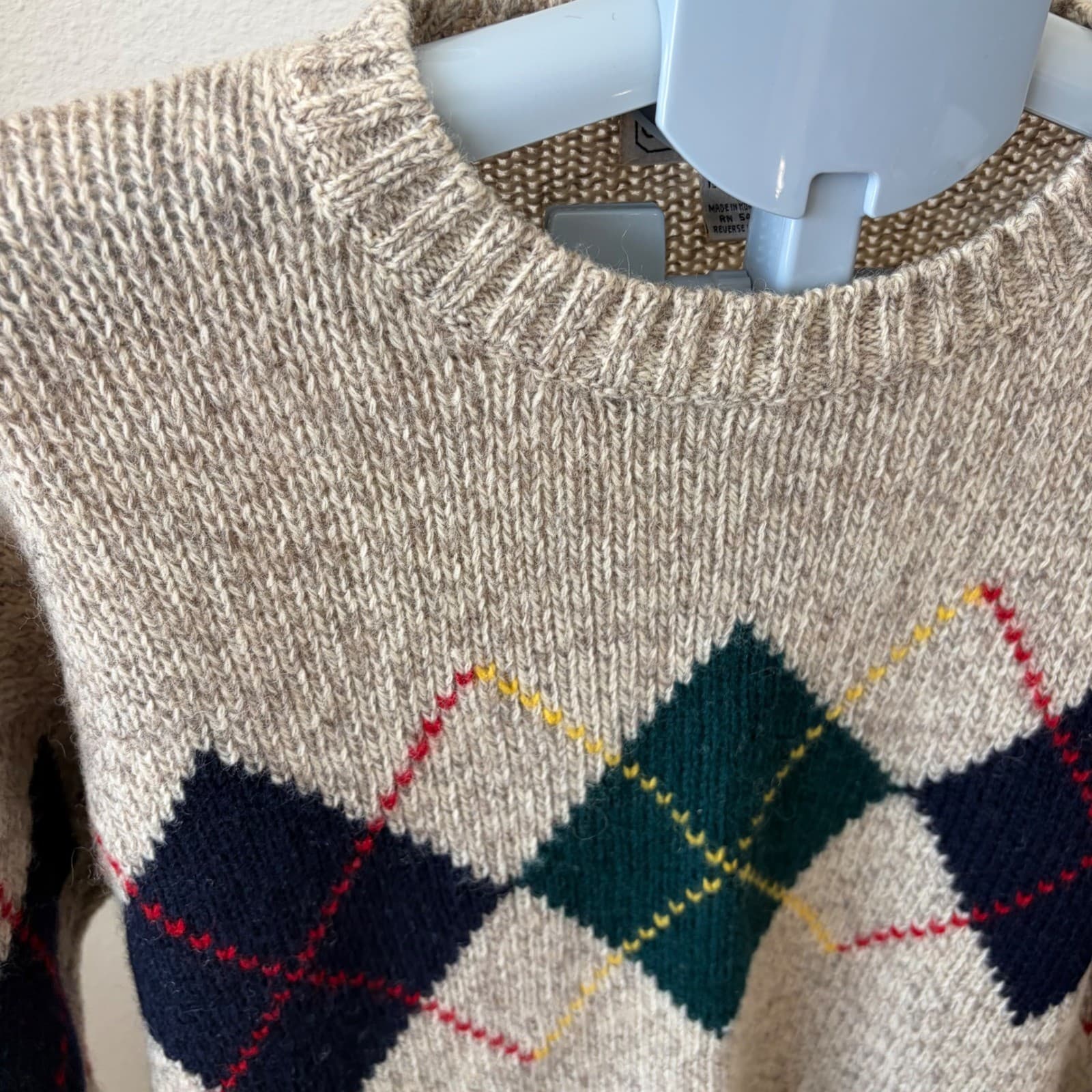 Gap Clothing Co Sweater Men's Large Oatmeal Argyle Wool Vintage Hong Kong 90s - Thumbnail 3