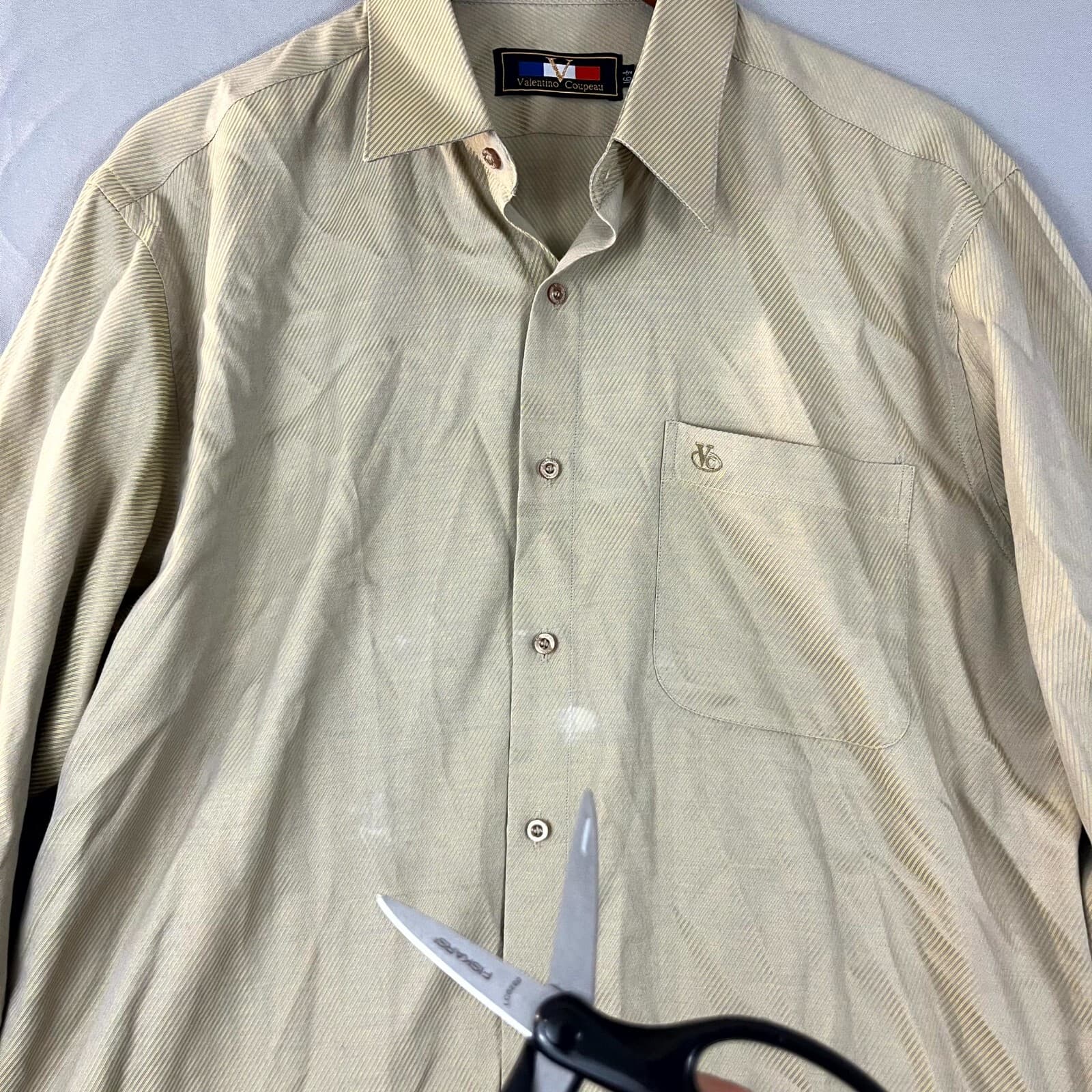 Vintage Valentino Coupeau Dress Shirt Men's 16.5 Beige Striped Designer Office - Thumbnail 2