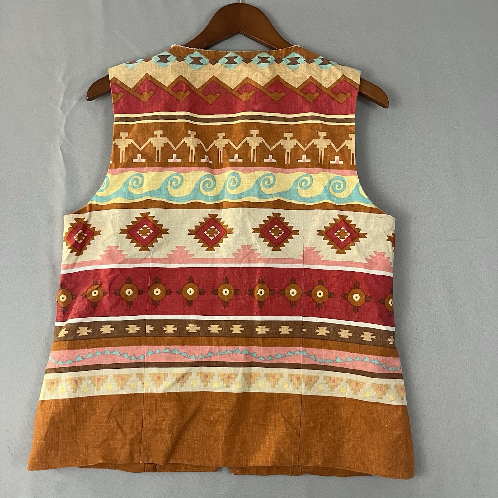 Vtg Women Vest Size 12 Multicolor Southwest Aztec Print Linen Cotton New Mexico - Thumbnail 3