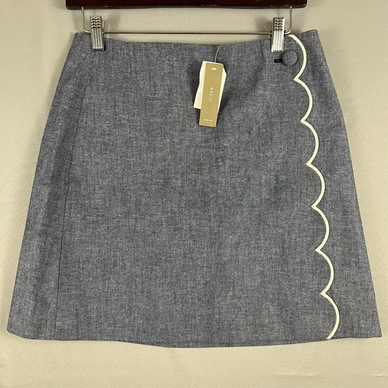 J Crew Women Skirt SZ 4 Blue Chambray Scallop Embroidered A-Line 100% Cotton NWT - Thumbnail 2