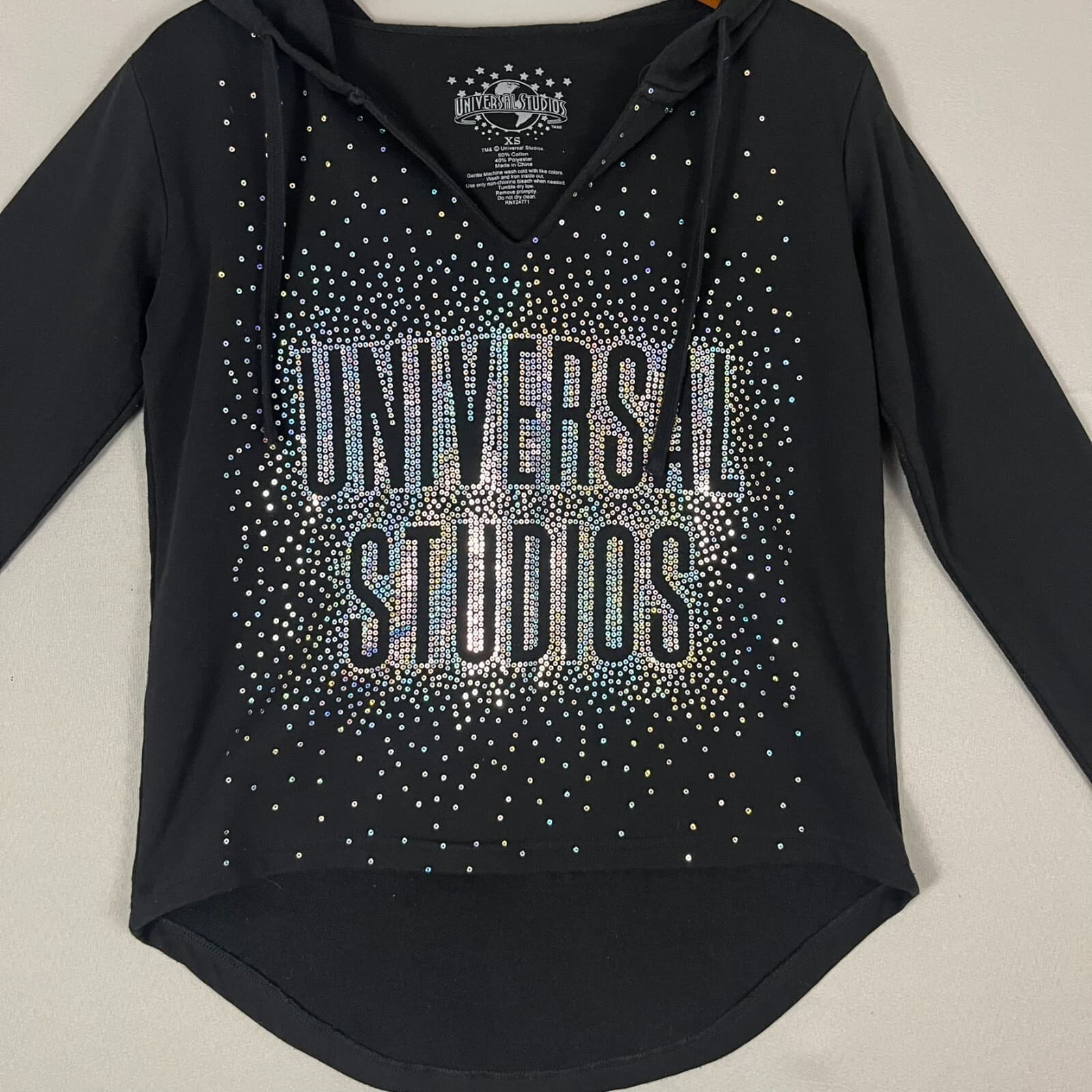 Universal Studios Hoodie Women XS Black Sequin Logo Cotton High Low Hem Pullover - Thumbnail 2