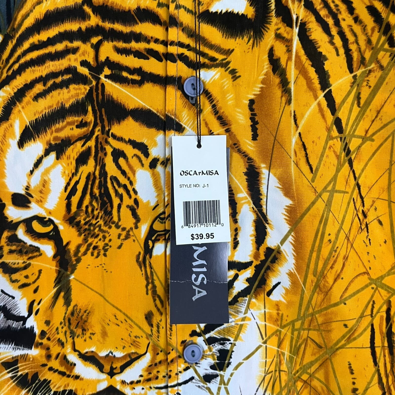 NWT Oscar Misa Mens Button Shirt Sz XL Tiger Graphic Grey Casual Short Sleeve - Thumbnail 2