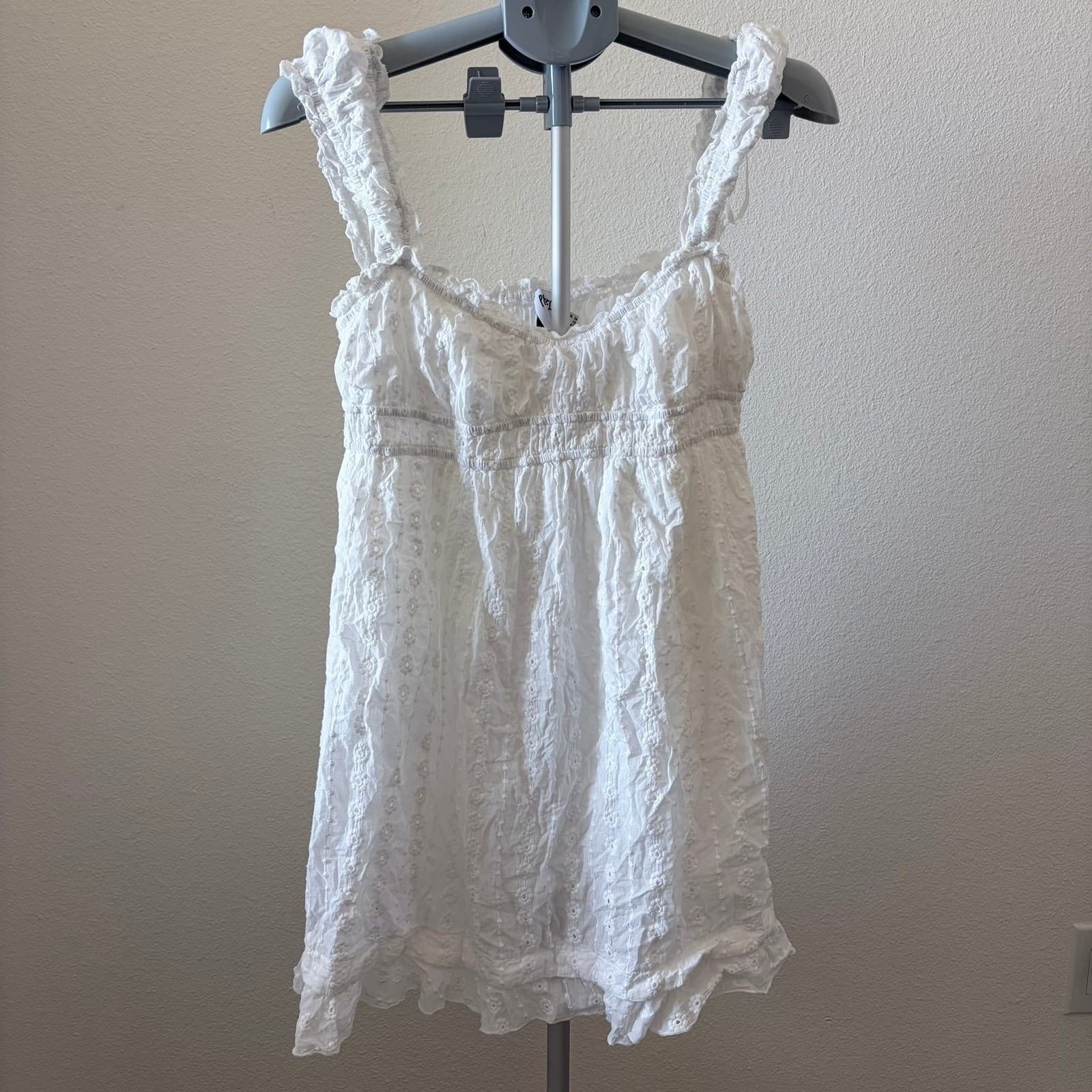 Princess Polly White Eyelet Mini Dress Smocked Babydoll Ruffle Strap US 12 - Thumbnail 2