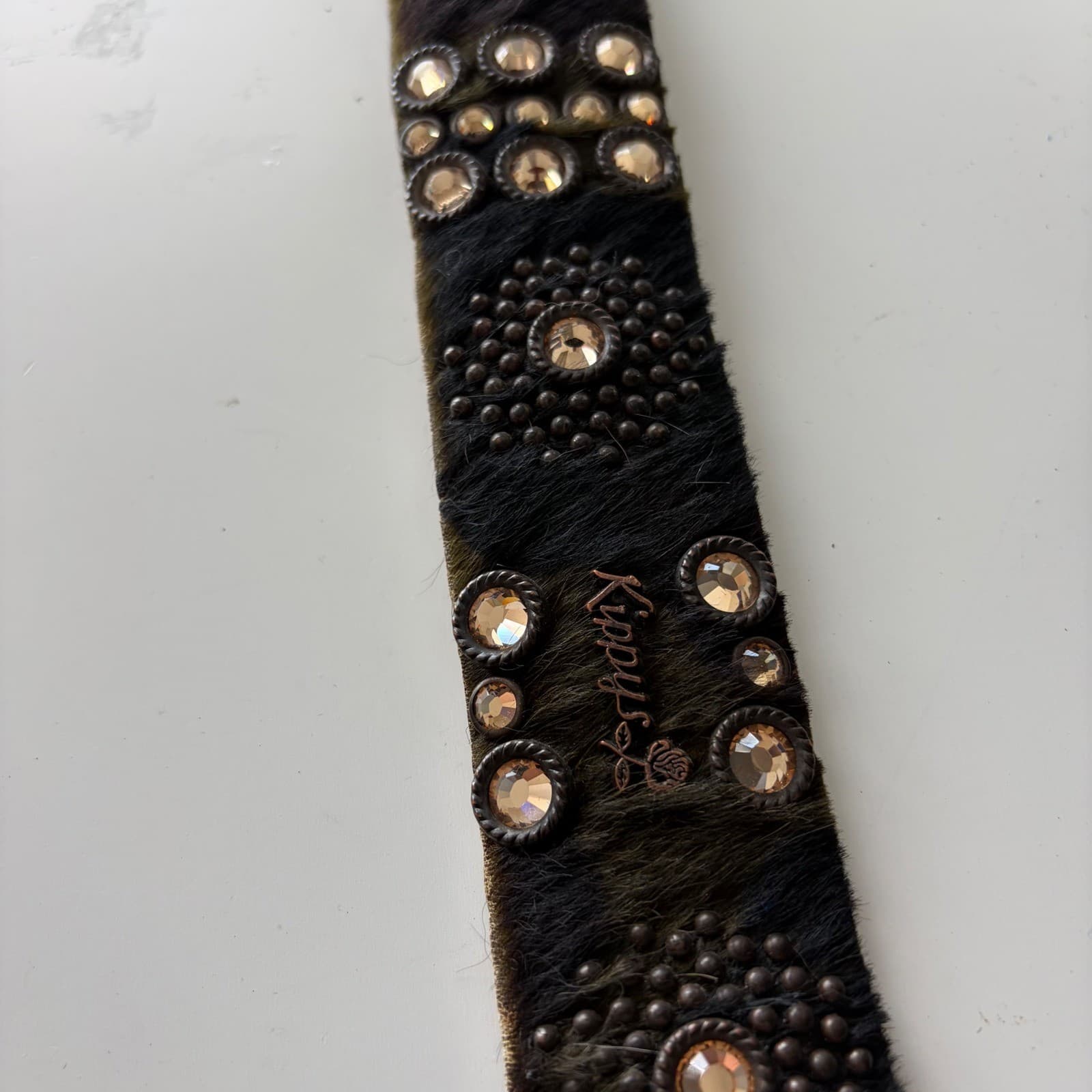 Vintage Kippy's Hair-on-Hide Belt Womens 36 Brown Good Rhinestone Floral Buckle - Thumbnail 6