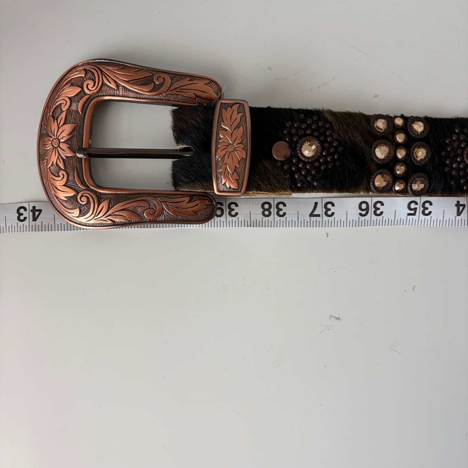 Vintage Kippy's Hair-on-Hide Belt Womens 36 Brown Good Rhinestone Floral Buckle - Thumbnail 5