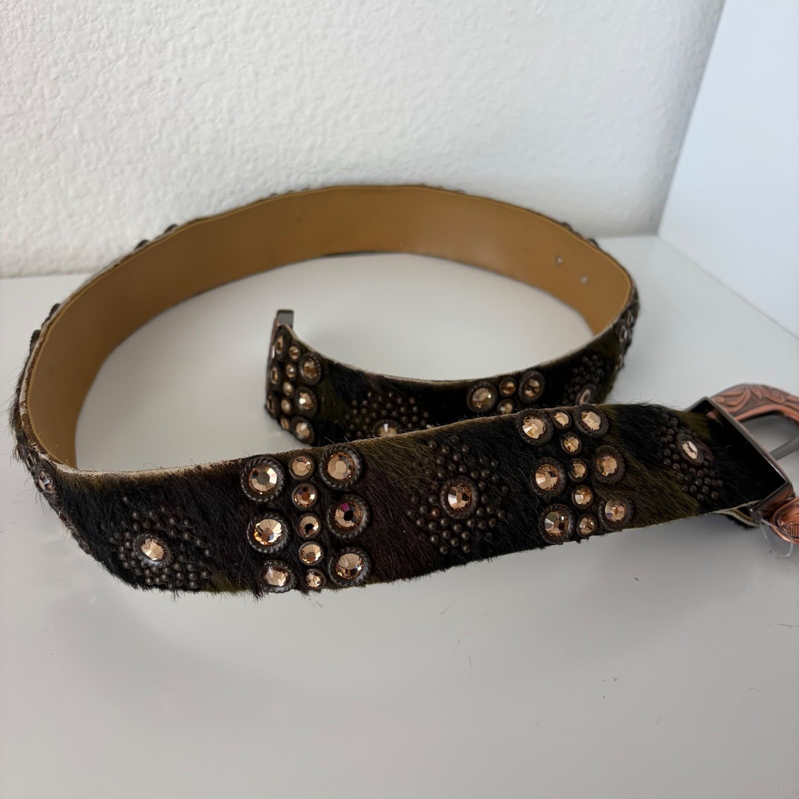 Vintage Kippy's Hair-on-Hide Belt Womens 36 Brown Good Rhinestone Floral Buckle - Thumbnail 2