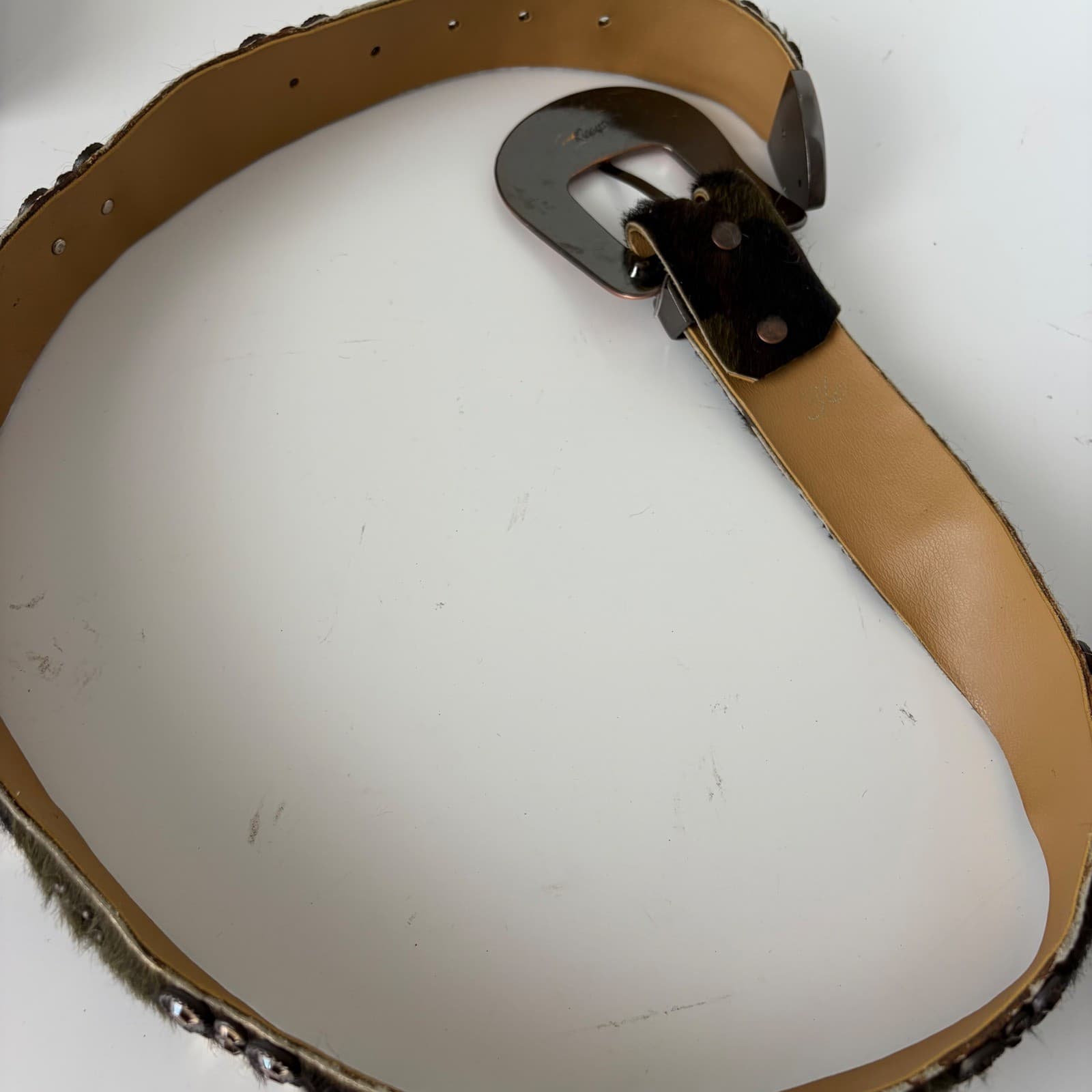 Vintage Kippy's Hair-on-Hide Belt Womens 36 Brown Good Rhinestone Floral Buckle - Thumbnail 7