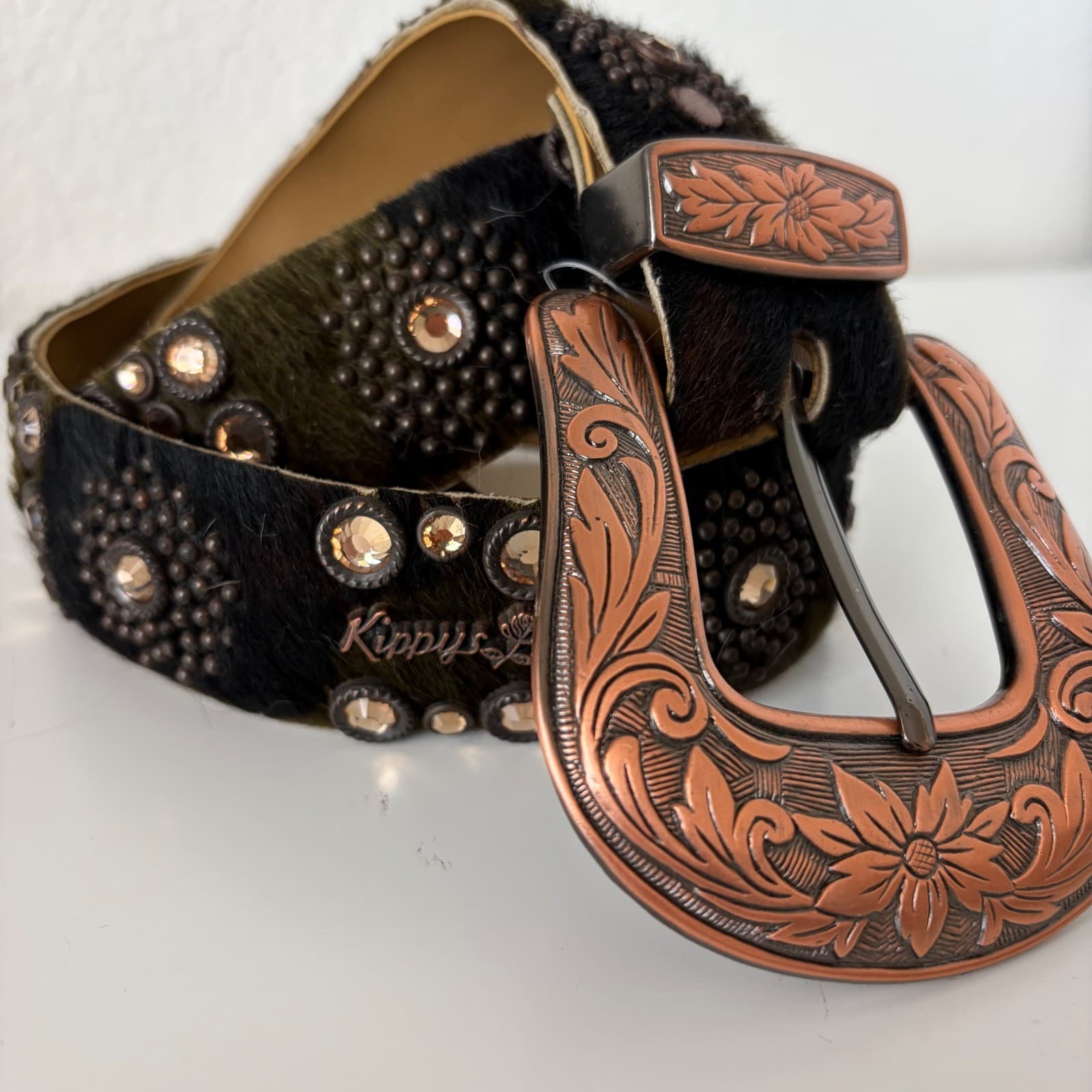 Vintage Kippy's Hair-on-Hide Belt Womens 36 Brown Good Rhinestone Floral Buckle - Thumbnail 3