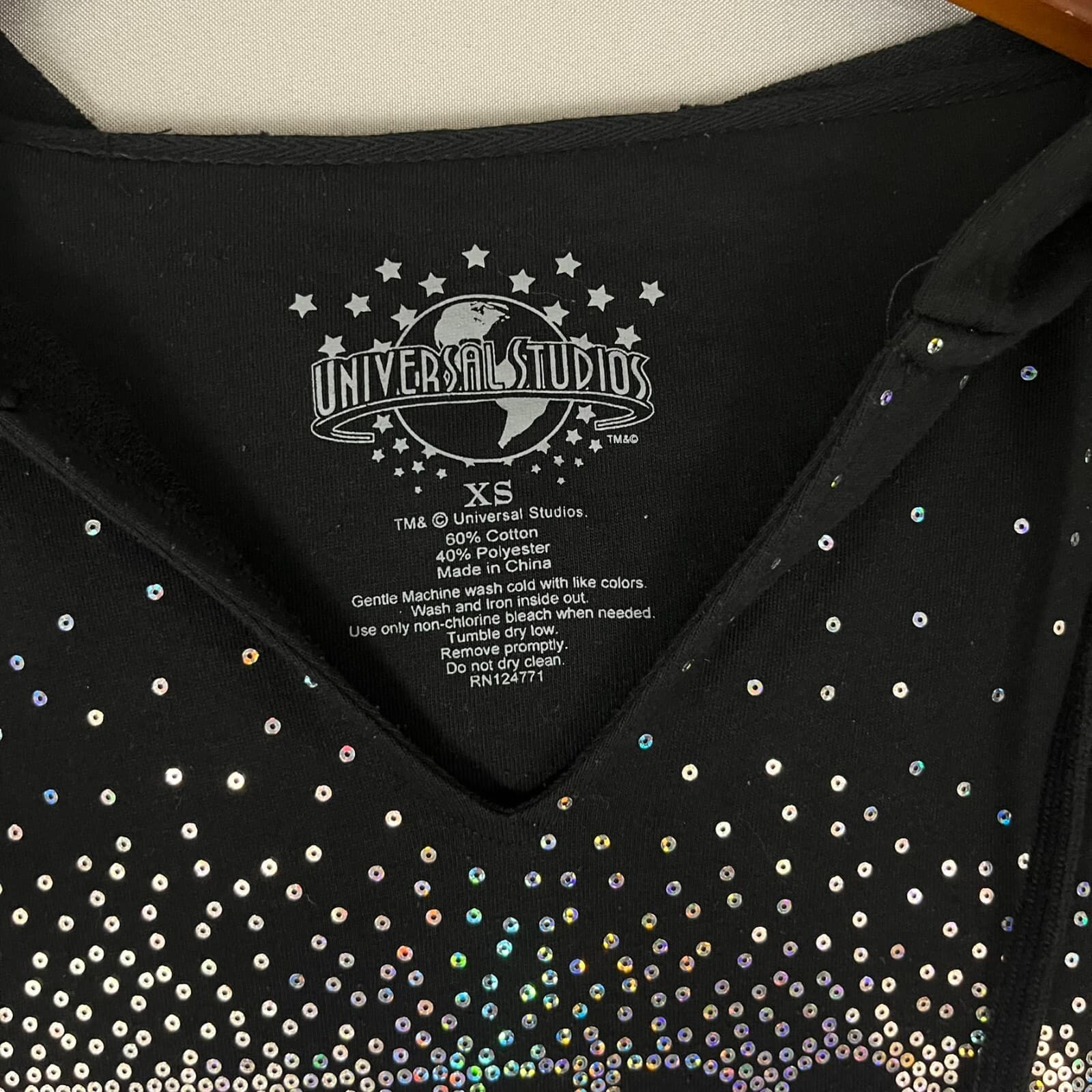 Universal Studios Hoodie Women XS Black Sequin Logo Cotton High Low Hem Pullover - Thumbnail 4