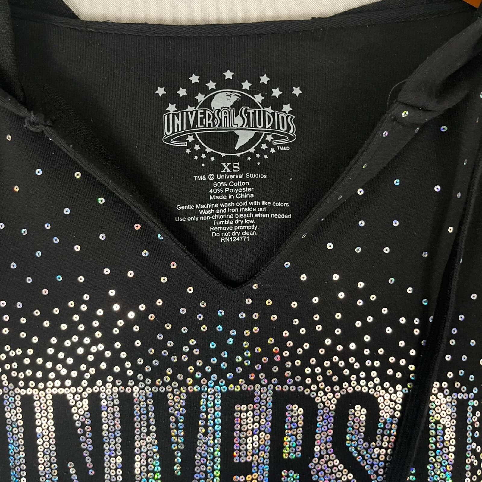Universal Studios Hoodie Women XS Black Sequin Logo Cotton High Low Hem Pullover - Thumbnail 3