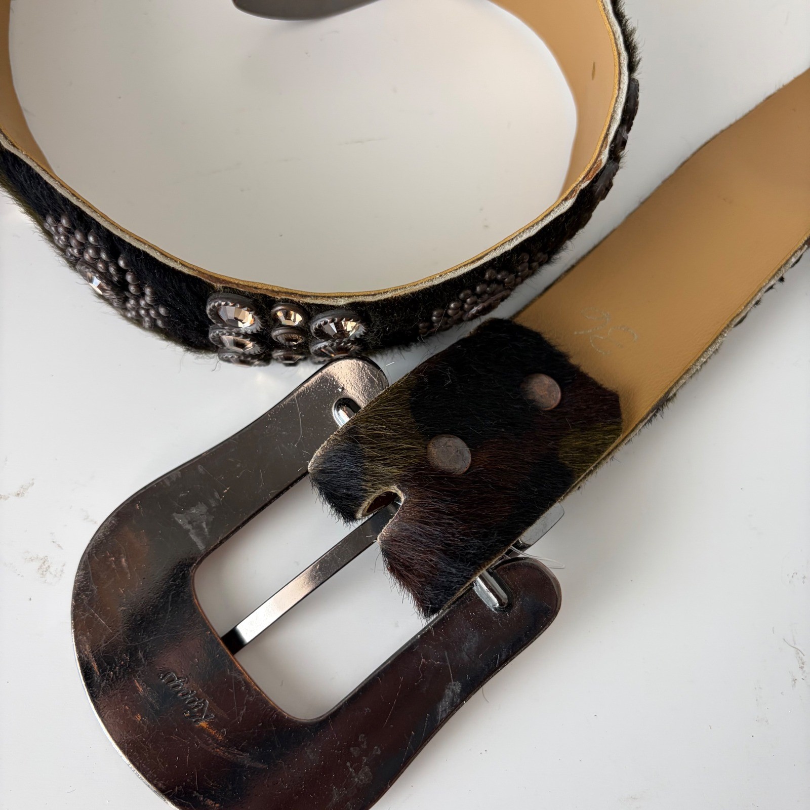 Vintage Kippy's Hair-on-Hide Belt Womens 36 Brown Good Rhinestone Floral Buckle - Thumbnail 4