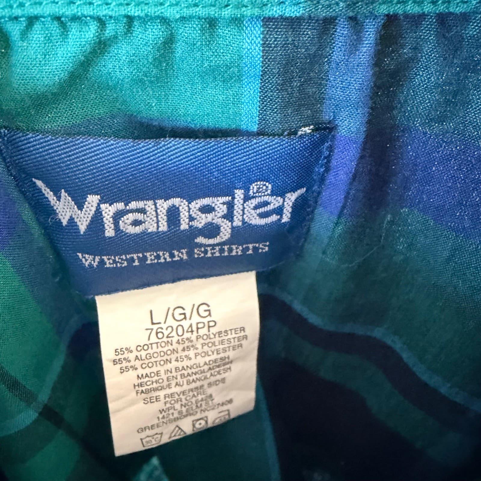 Wrangler Western Shirt Mens LG Teal Navy Plaid Pearl Snap Short Sleeve 76204PP - Thumbnail 2