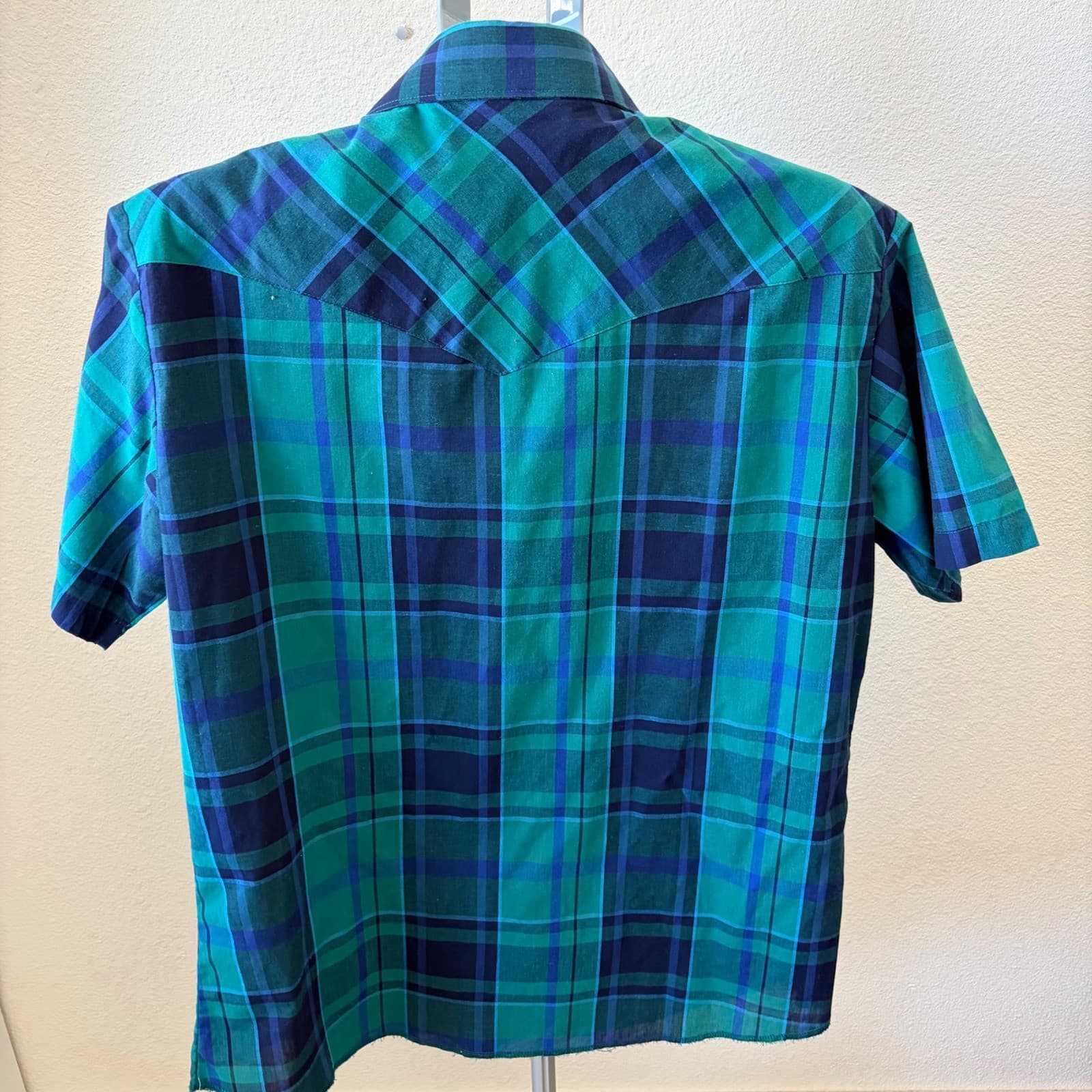 Wrangler Western Shirt Mens LG Teal Navy Plaid Pearl Snap Short Sleeve 76204PP - Thumbnail 4