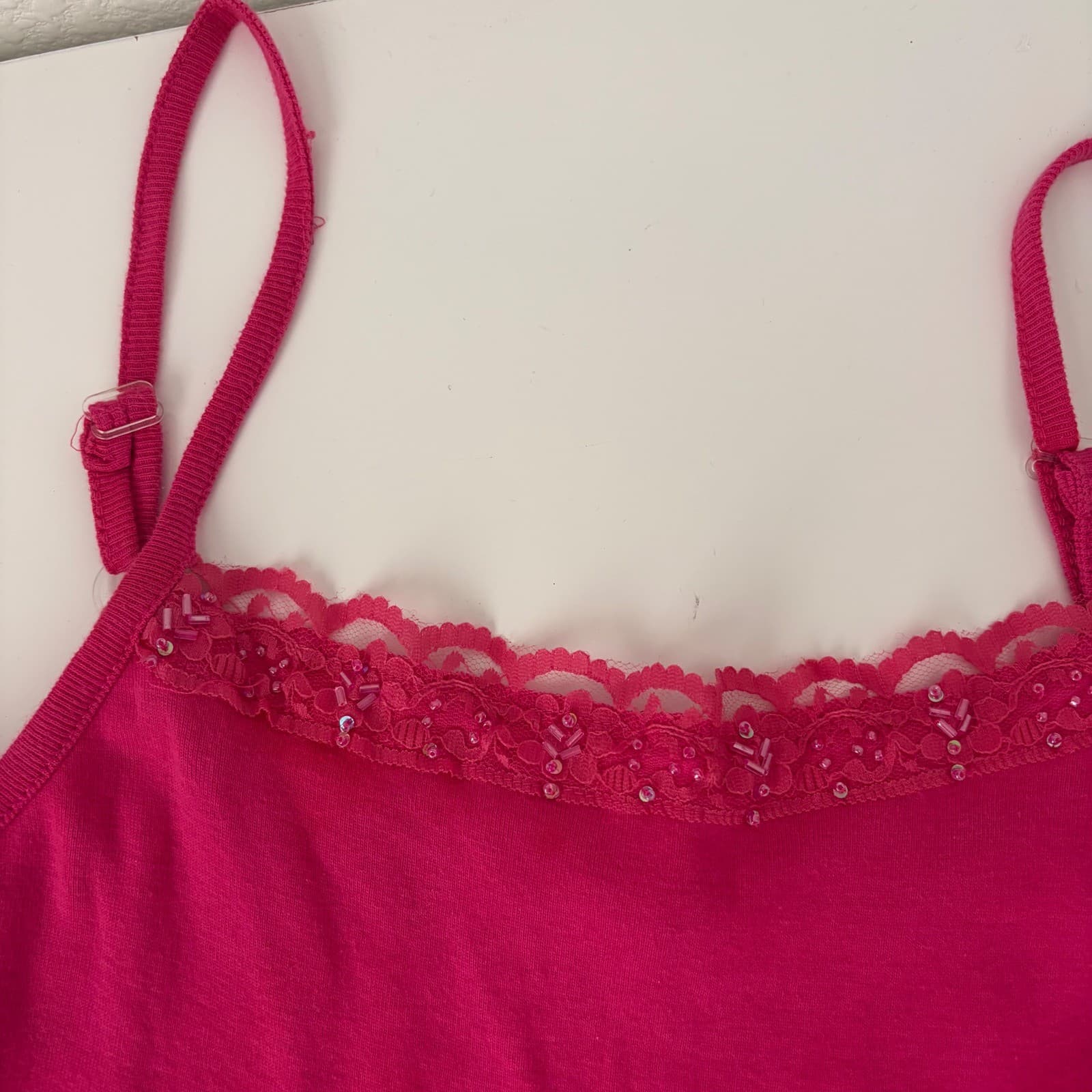 Cami Tank Top Womens Small (4/6) Hot Pink Lace Trim Beaded Y2K Vintage 2000s - Thumbnail 2