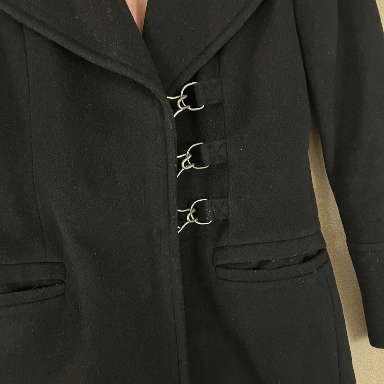 MAX&CO. Classic Coat Womens Black Size 42 Wool Pea Coat Mantello Metal Buckles - Thumbnail 2
