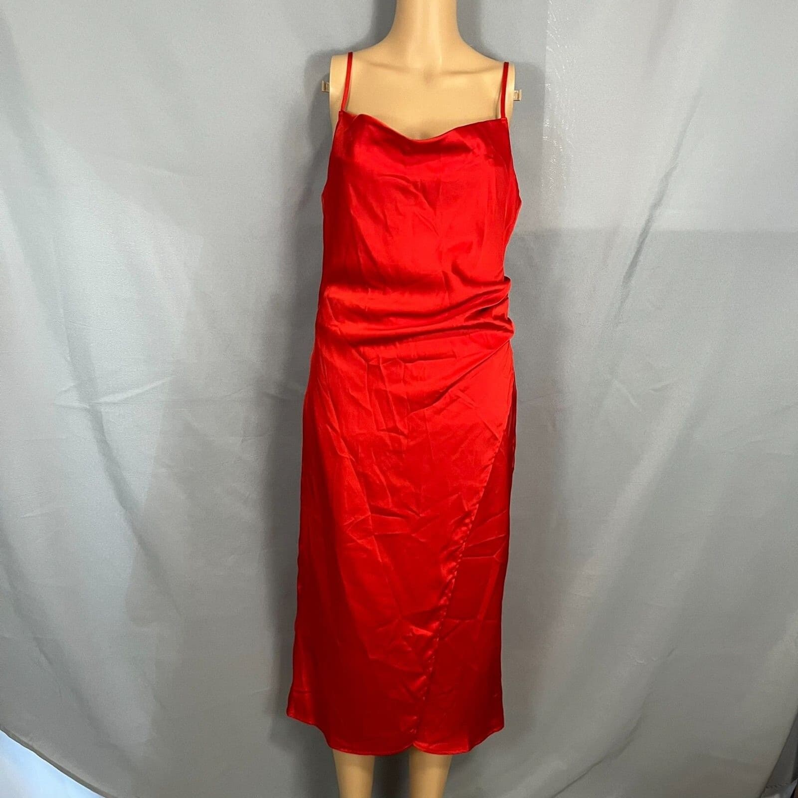Red Satin Slip Dress Size Small Cowl Neck Midi Valentine’s Day Date Night Flirty - Thumbnail 2