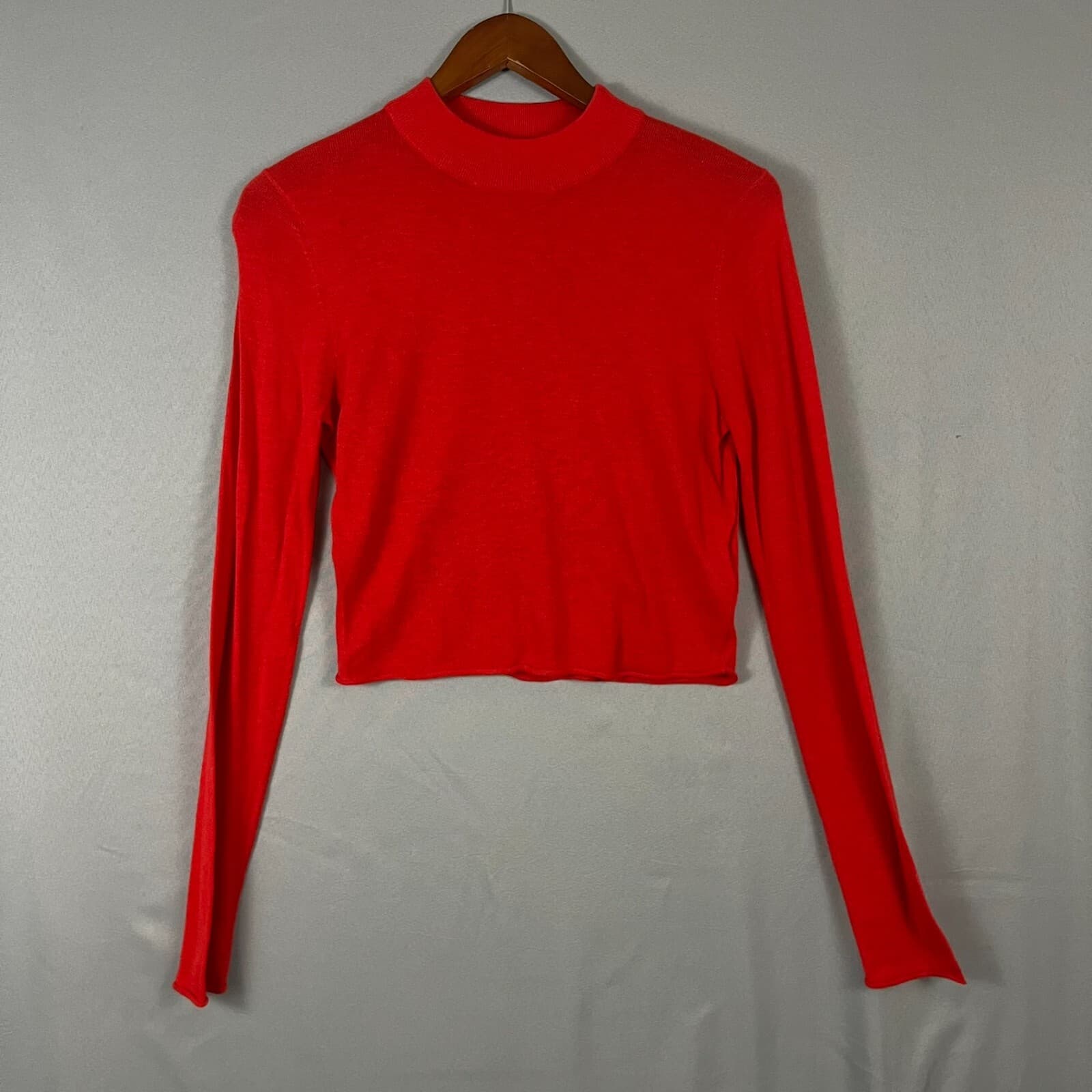 Trouve Womens Cherry Red Crop Top Long Sleeves Semi Sheer Angora Rabbit Blend - Thumbnail 2