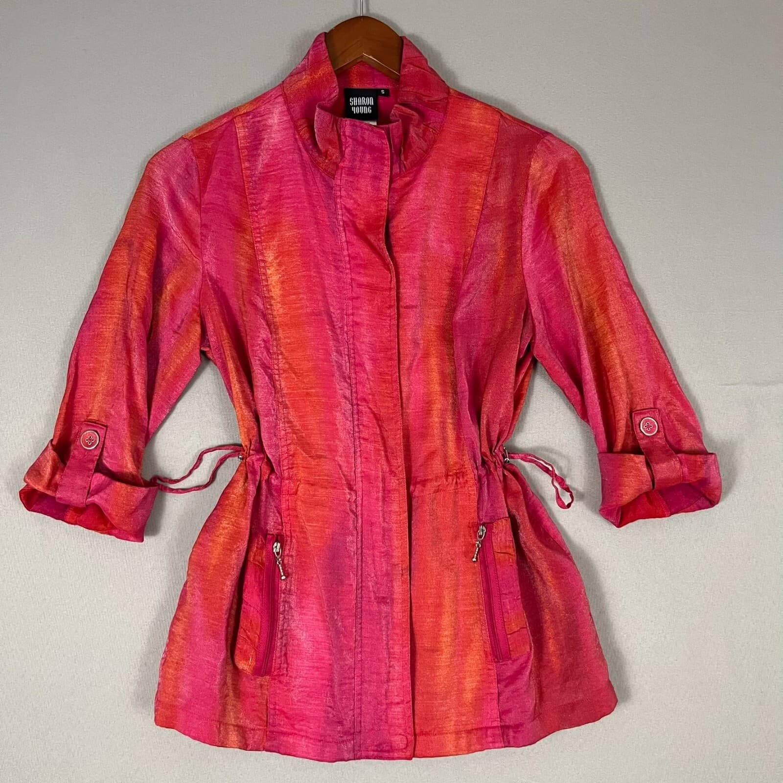 Sharon Young Windbreaker Jacket Women's Small Pink Orange Shimmer Lined Full Zip - Thumbnail 2