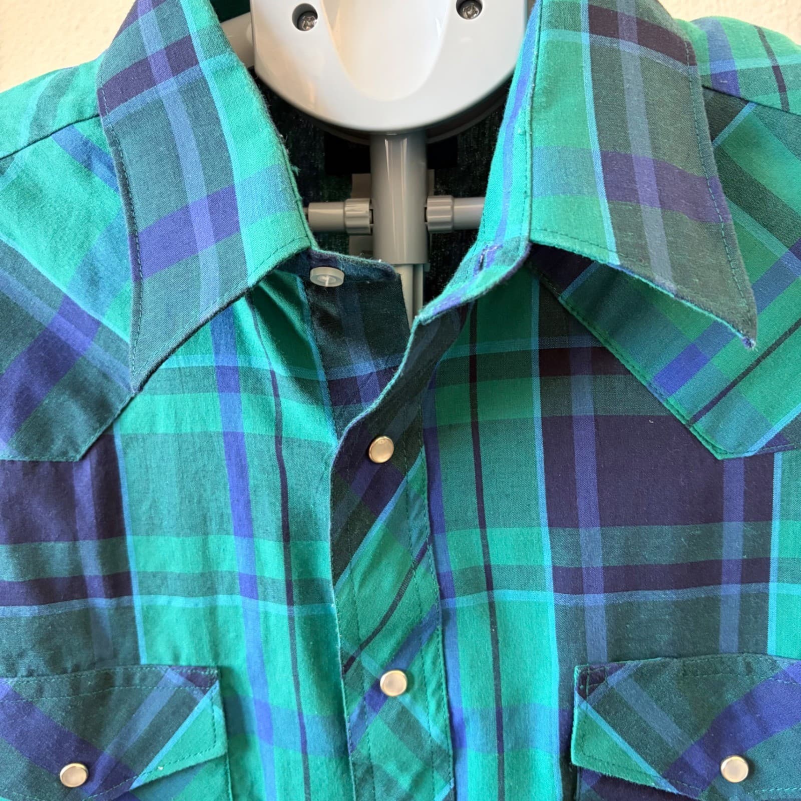 Wrangler Western Shirt Mens LG Teal Navy Plaid Pearl Snap Short Sleeve 76204PP - Thumbnail 3