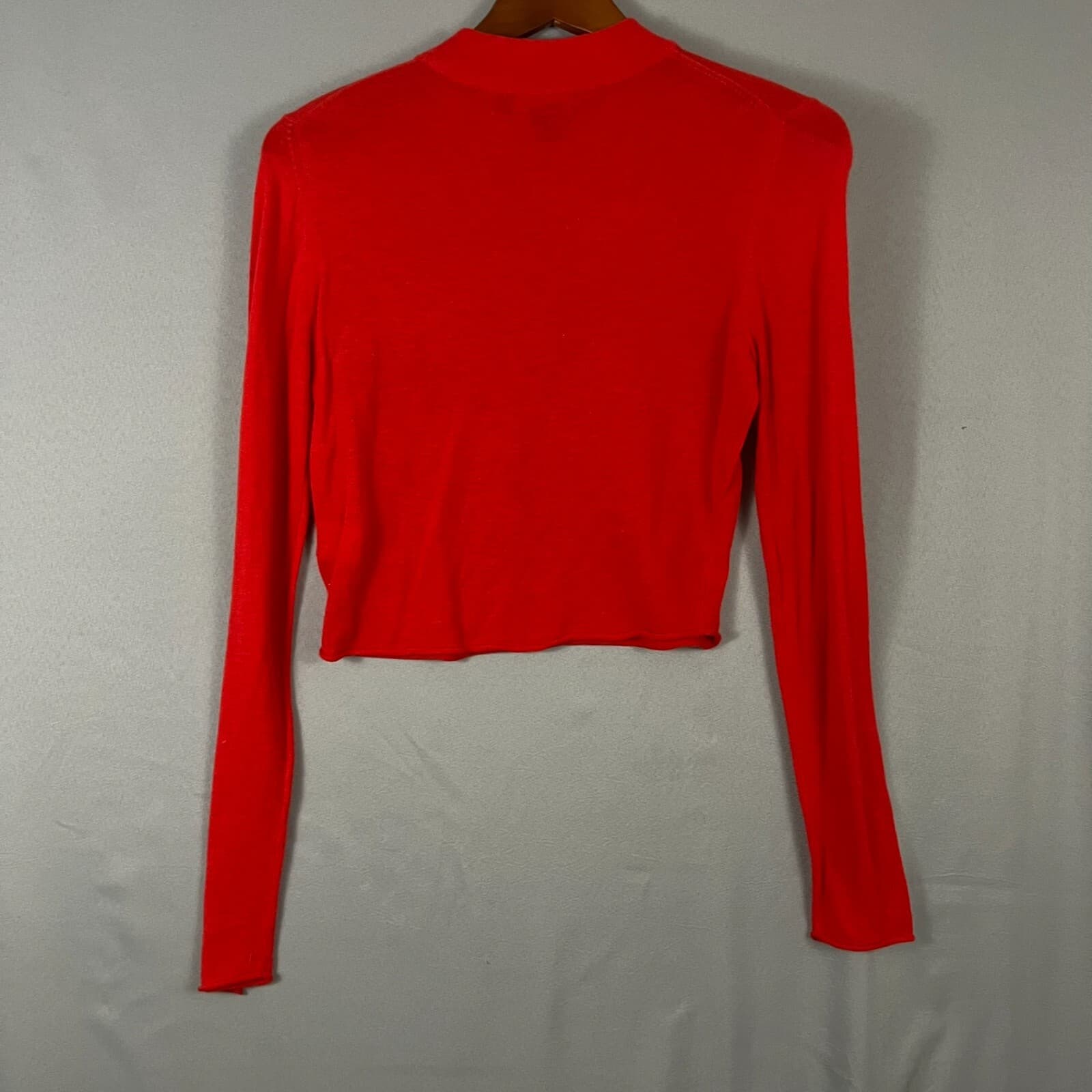 Trouve Womens Cherry Red Crop Top Long Sleeves Semi Sheer Angora Rabbit Blend - Thumbnail 5